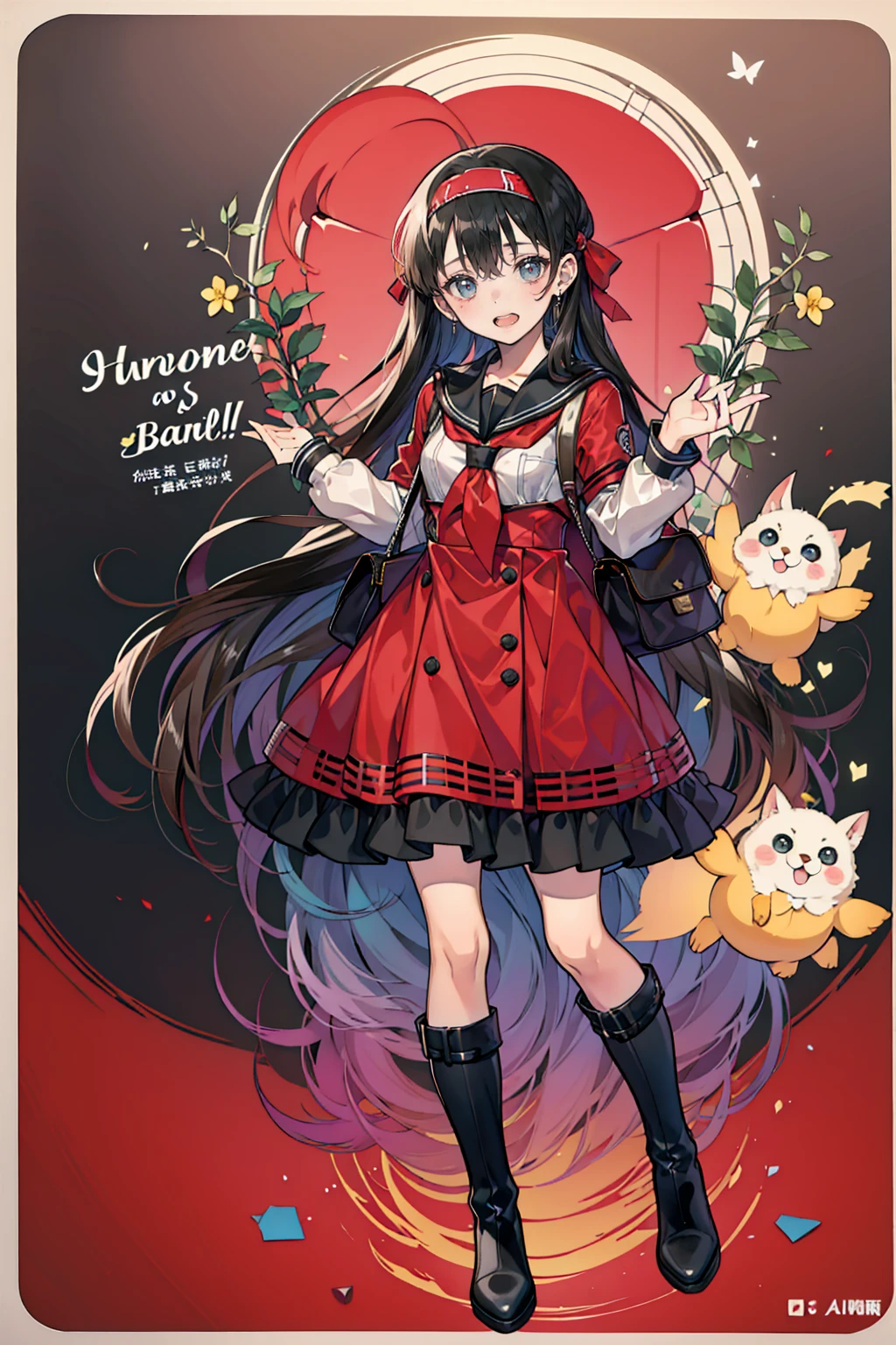 Anime Style、Storytelling、、beautiful girl、とてもcute天使、Red school bag、cute、Baby Face、smile、Long skirt、Black long boots、Very cute headband、Very cute dress
