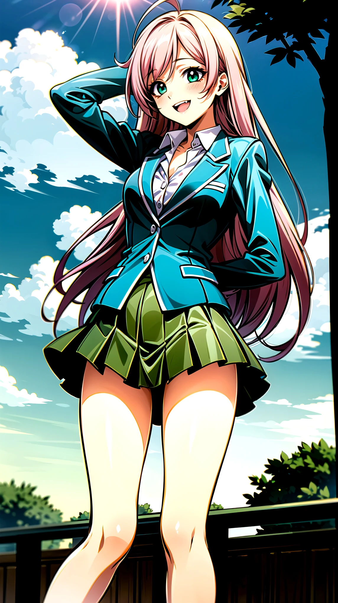 ((super high quality,))((Ultra-high resolution,))(16K,)(super masterpiece,)((Ultra HD ,))(Detailed shading,),One sexy schoolgirl,((Pink long hair,))Green blazer,(popped Tight collar White shirts,)((She's unbuttoned down to the fourth button.,))mini skirt,The wind lifts her skirt and hair,happy,blush,Small double teeth,A park where you can see the morning sun and blue sky,Put your hands on your head,Angle from below,Open your legs a little,