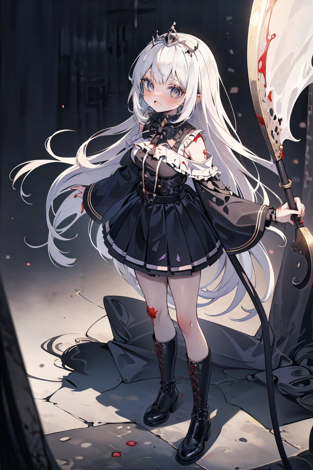 Shaded face、Expensive princess tiara、beautiful girl、Very cute angel、smile、Long skirt、Black long boots、,(whole body, legS and 靴 viSible: 1.2), ,Ghost,Frolicking Girl,Multiple women,tea ,クレイジーなsmile,look up,Face shot,Scythe Face,Girl Monster, slave,beautiful, Detailed portrait, Delicate facial features, Sharp Eye, Sharp Fangs, Pale skin, Dark Background, Cinema Lighting, Dramatic Shadows, Gothic style, Gloomy atmosphere, Dark fantasy, One person&#39;S, , Please open your mouth wide, Open your mouth and baring your teeth,Sharp teeth like a beast, Wide lips, very wide mouth, Vermilion cheeks, ,(Blood splatter:1.3),Scary face, Laughter　Witch design, ねじれたsmile、Bloody、bleeding from the head,、Blood splatter、,(Blood splatter:1.3),Crossbones, skull,　, Horror Style, ((Fantasy Witch Costume)), ((Flowing white hair)), ,(Blood splatter:1.3),Female curves, Large Breasts, Thick thighs, Sexy flat stomach, Perfect hands, Perfect anime face, ((Darkta DreSS)), Are standing, ((邪悪なsmile)), ,(Blood splatter:1.3),Victorian cities, gaslight, Steam circulateS, Moonlight Illumination, night lighting, A sky filled with stars and galaxies,disaster々new devil horns,,(Blood splatter:1.3),アニメゾンビWitch design, ねじれたsmile、Bloody、bleeding from the head,、Blood splatter、,(Blood splatter:1.3),Crossbones, skull,,Photo Background,Wide Shot,Scythe Face,Girl Monster, slave,beautiful, Detailed portrait, Delicate facial features, Sharp Eye, Sharp Fangs, Pale skin, , Dark Background, Cinema Lighting, Dramatic Shadows, Gothic style, Gloomy atmosphere, Dark fantasy, One person&#39;S, , Please open your mouth wide, Open your mouth and baring your teeth,Sharp teeth like a beast, Wide lips, very wide mouth, Vermilion cheeks, ,(Blood splatter:1.3),Scary face, Laughter　Witch design, ねじれたsmile、Bloody、bleeding from the head,、Blood splatter、,(Blood splatter:1.3),Crossbones, skull,　, Horror Style,