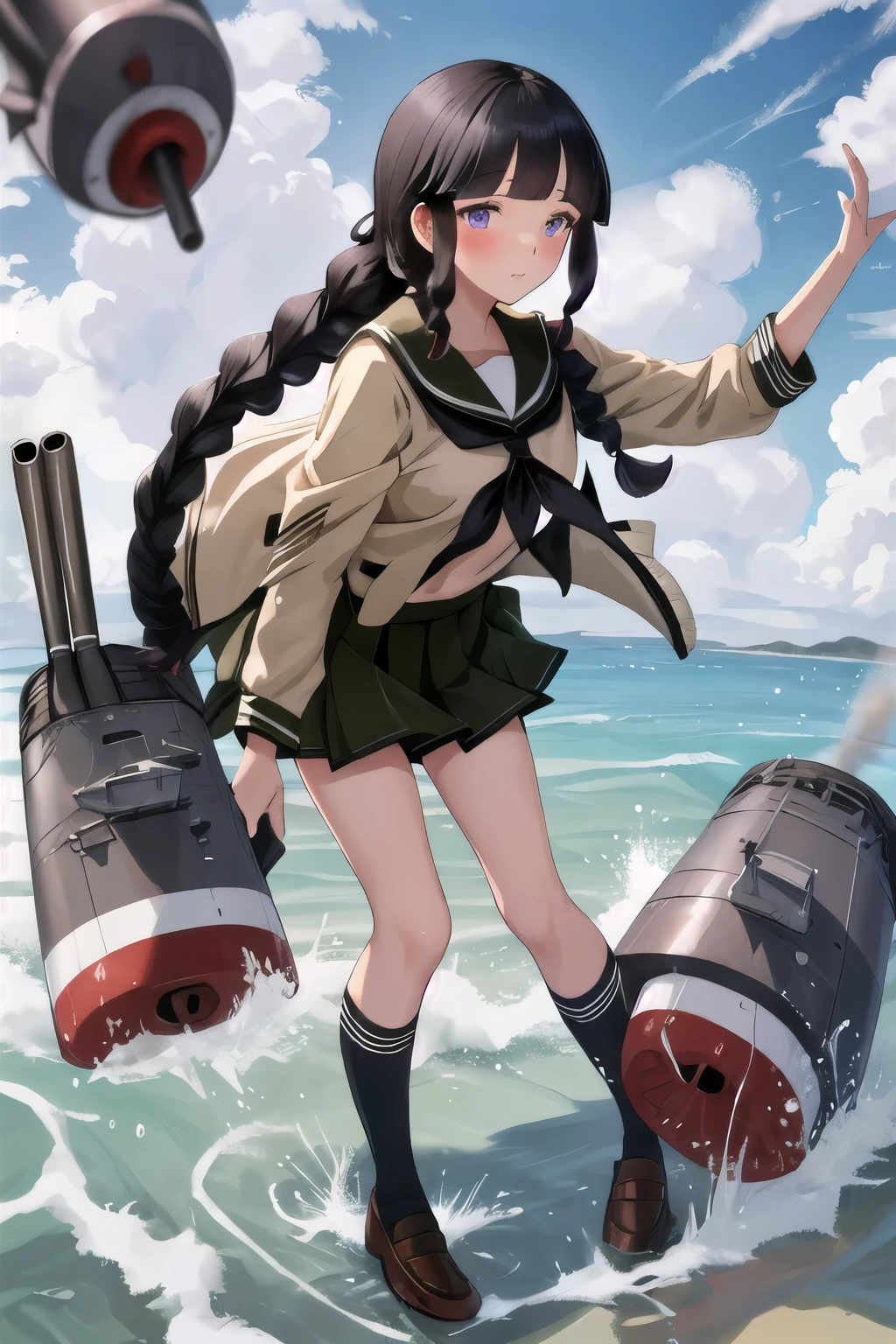 best quality, masterpiece, highres, 独奏, (Kitakami_kantaicollection:1.15), long_hair, black_hair, braid, bangs, single_braid, blunt_bangs, sidelocks, serafuku, purple_eyes, 1girl, school_uniform, hair_over_shoulder, looking_at_viewer, blush, Full body view,  