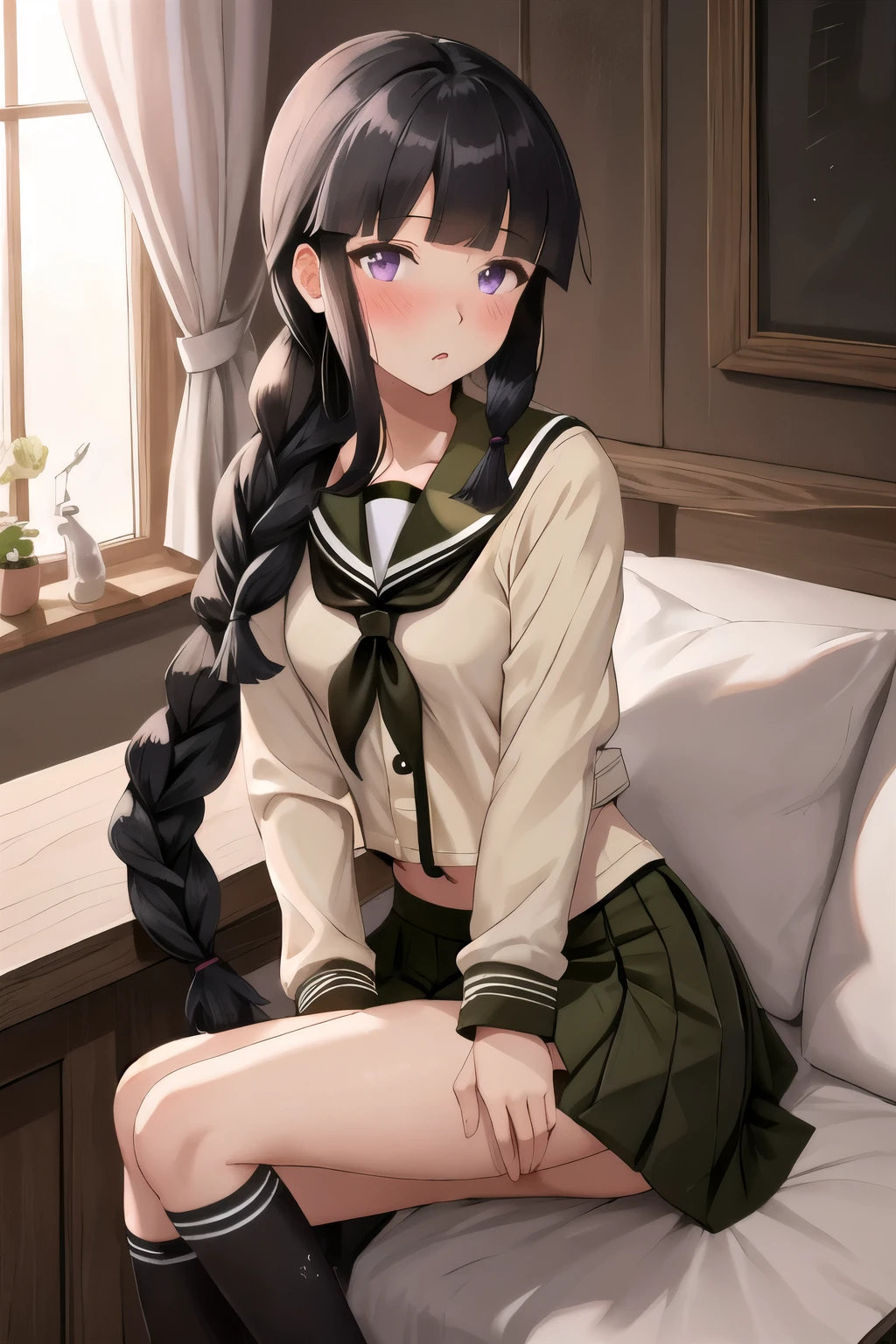 best quality, masterpiece, highres, 独奏, (Kitakami_kantaicollection:1.15), long_hair, black_hair, braid, bangs, single_braid, blunt_bangs, sidelocks, serafuku, purple_eyes, 1girl, school_uniform, hair_over_shoulder, looking_at_viewer, blush, Full body view,  