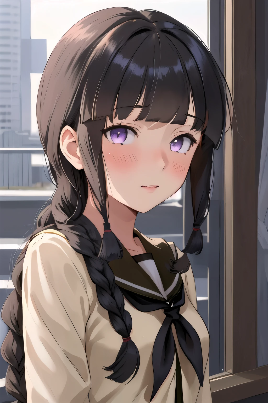 best quality, masterpiece, highres, solo, (kitakami_kantaicollection:1.15), long_hair, black_hair, braid, bangs, single_braid, blunt_bangs, sidelocks, serafuku, purple_eyes, 1girl, school_uniform, hair_over_shoulder, looking_at_viewer, blush