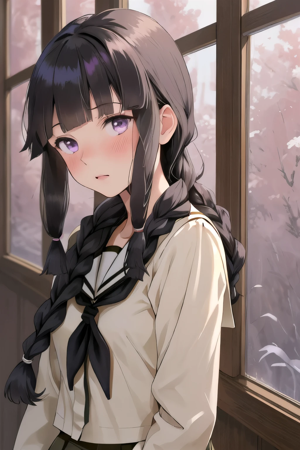 best quality, masterpiece, highres, solo, (kitakami_kantaicollection:1.15), long_hair, black_hair, braid, bangs, single_braid, blunt_bangs, sidelocks, serafuku, purple_eyes, 1girl, school_uniform, hair_over_shoulder, looking_at_viewer, blush