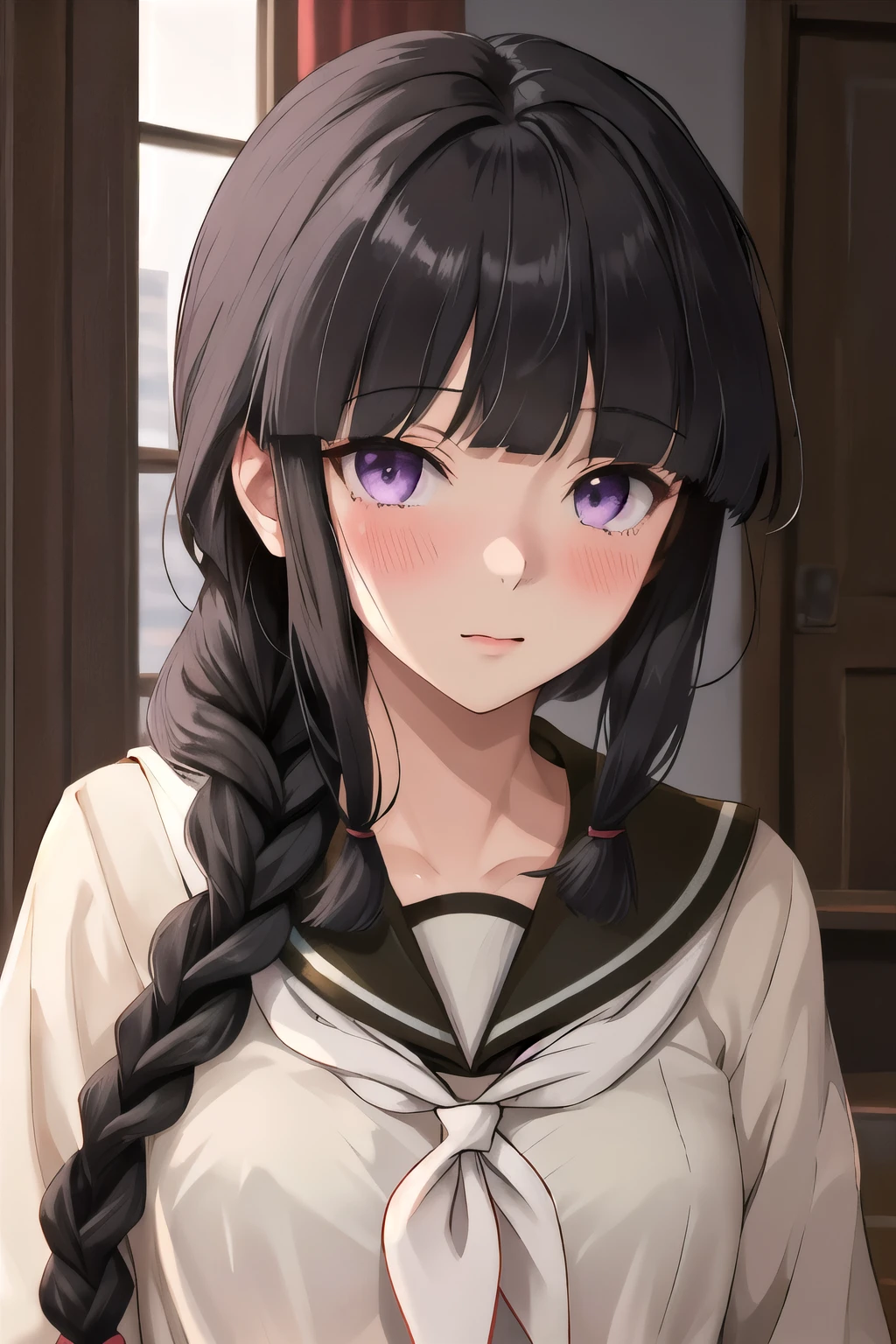 best quality, masterpiece, highres, solo, {kitakami_kantaicollection:1.15}, long_hair, black_hair, braid, bangs, single_braid, blunt_bangs, sidelocks, serafuku, purple_eyes, 1girl, school_uniform, hair_over_shoulder, looking_at_viewer, blush