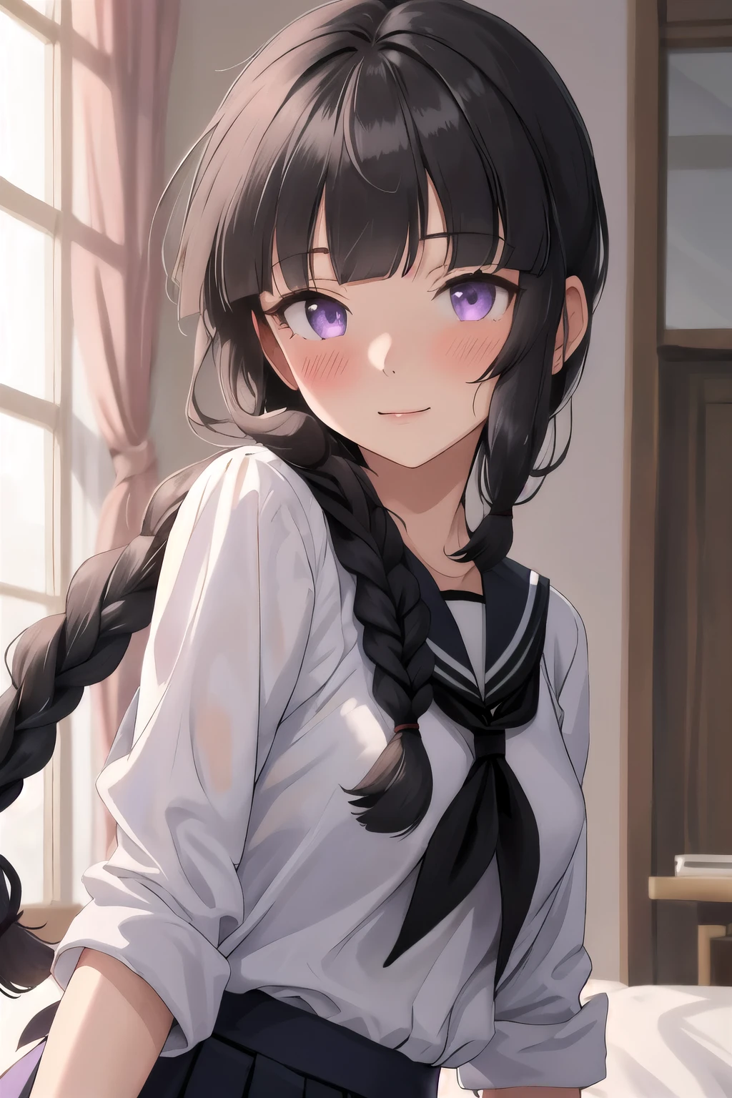 best quality, masterpiece, highres, solo, {kitakami_kantaicollection:1.15}, long_hair, black_hair, braid, bangs, single_braid, blunt_bangs, sidelocks, serafuku, purple_eyes, 1girl, school_uniform, hair_over_shoulder, looking_at_viewer, blush