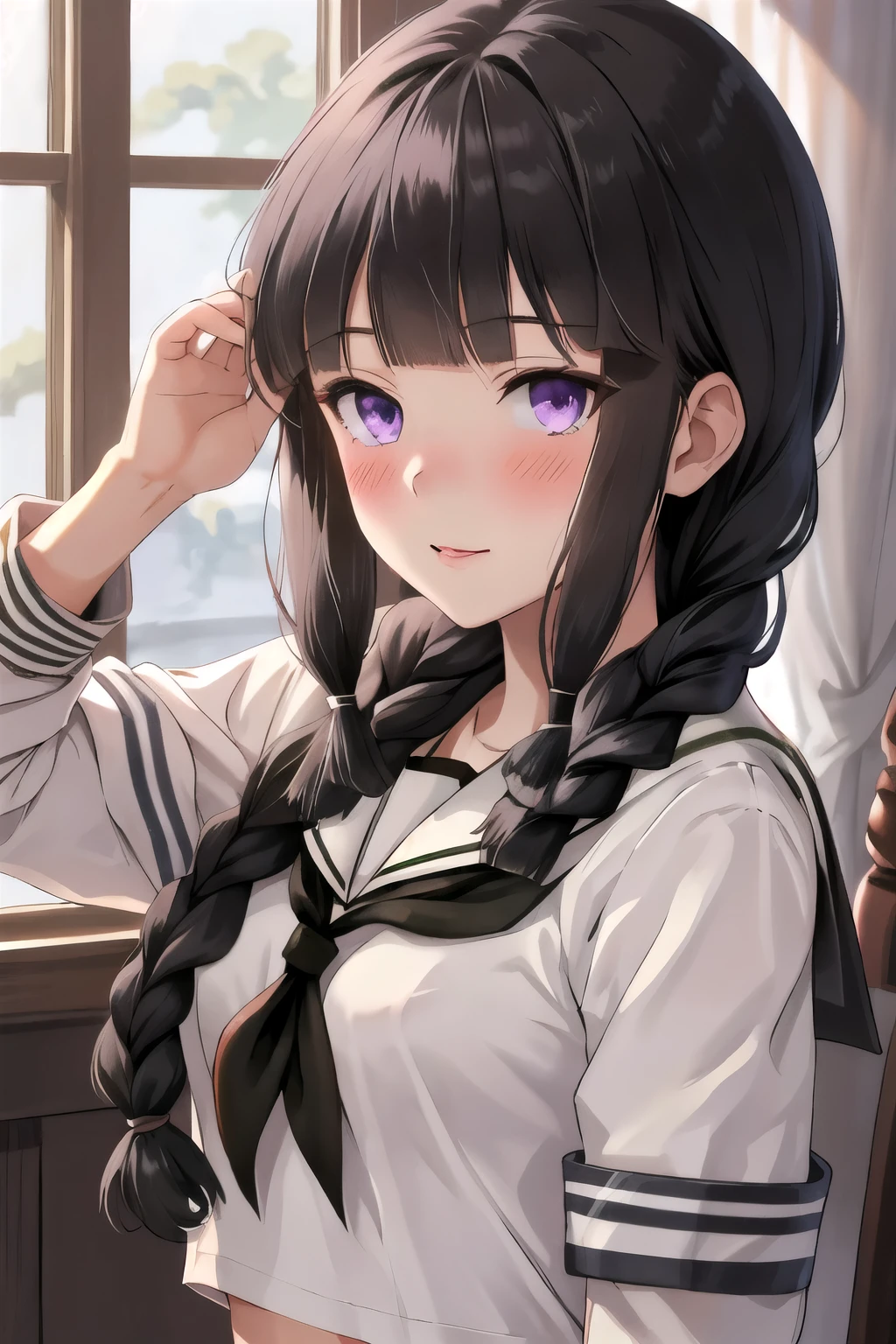 best quality, masterpiece, highres, solo, {kitakami_kantaicollection:1.15}, long_hair, black_hair, braid, bangs, single_braid, blunt_bangs, sidelocks, serafuku, purple_eyes, 1girl, school_uniform, hair_over_shoulder, looking_at_viewer, blush