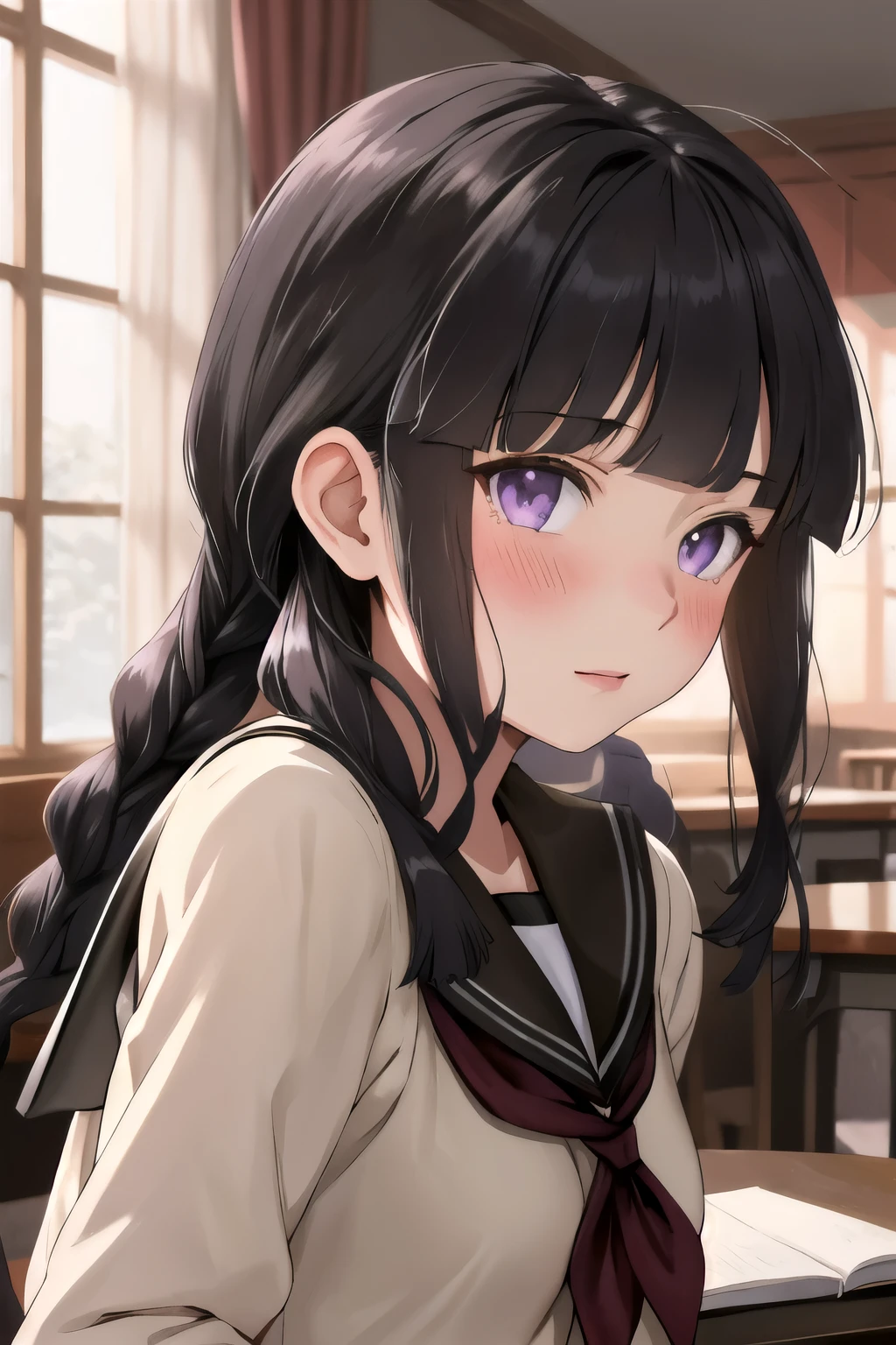 best quality, masterpiece, highres, solo, {kitakami_kantaicollection:1.15}, long_hair, black_hair, braid, bangs, single_braid, blunt_bangs, sidelocks, serafuku, purple_eyes, 1girl, school_uniform, hair_over_shoulder, looking_at_viewer, blush