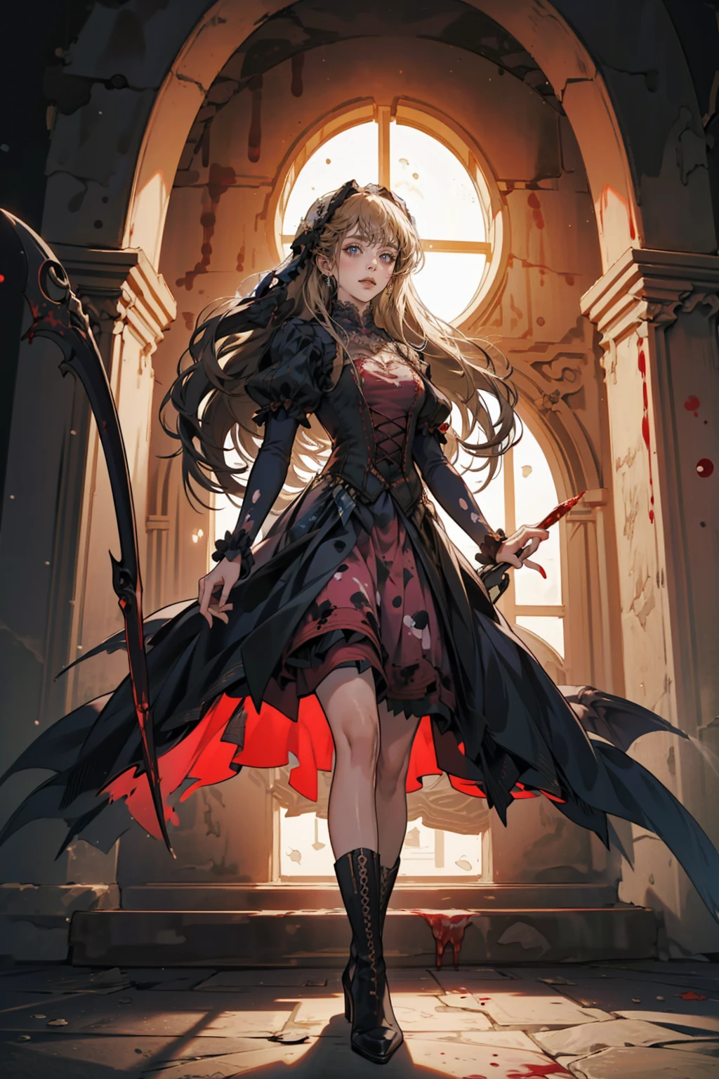 shaded face　、beautiful girl、とてもcute天使、Pink Gothic Fashion、cute、Baby Face、smile、Long skirt、Black long boots、.(Highest quality,4K,High resolution,masterpiece:1.2),Very detailed,Realistic:1.37,Spooky altar background,Dark fantasy,Red color scheme,Ominous atmosphere,Eye-catching,Storytelling,anatomy,Anime Style,Concept Art,beautiful細部までこだわった顔と (((Red eyes ))),A terrifying ritual ,Satanic Ritual,Premature death,inappropriate behavior,クレイジーなsmile,Scythe Face,Girl Monster, beautiful, Delicate facial features, Sharp Eye, Sharp Fangs, pale skin, Dark Background, Cinema Lighting, Dramatic Shadows, Gothic style, Gloomy atmosphere, Dark fantasy, one person&#39;s, Please open your mouth wide, Open your mouth and baring your teeth,Sharp teeth like a beast, Wide lips, very wide mouth, Vermilion cheeks, ,(Blood splatter:1.4),Scary smile, smile,Angel Design, Twisted smile、Bloody、bleeding from the head,,,,,、Blood splatter、,(Blood splatter:1.4),skull,Demon Spear,Horror Style, ((Fantasy Sweet Ta Frill Pink Costume)), ((Flowing blonde hair)), ,(Blood splatter:1.4),Female curves, Sexy flat stomach, Perfect hands, Perfect anime face, (Pink Tata Dress)), Are standing, ((邪悪なsmile)), ,(Blood splatter:1.4), Steam circulates, Moonlight Illumination, night lighting, (Blood splatter:1.6),アニメAngel Design, Twisted smile、Bloody、bleeding from the head,,,,,、Blood splatter、,(Blood splatter:1.4), skull,Gothic architecture、Western architecture、Fantasy World、,Victorian cities, Skeleton Gas Light,Absurd, High resolution、 ((Tabletop)), ((Highest quality)), (Very detailedな), ((Very detailed)), (beautiful), ((cute)), (NFSW:1.8), alone,(:1.6)、(world&#39;The most terrifying and creepy demon girl:1.5)beautiful face、Whole Body Ezbian、pale, beautiful肌、beautiful金の髪、優しくsmileむ、Dark building ruins、(snow white&#39;Frill dress:1.3)、(The dark ruins are stained with blood:1.3)、Low angle full body shot、(少女は血の海の中にAre standing:1.5)、(The ground is full of blood:1.3)、(The girl lost a lot of blood....:1.3)、(クレイジーなsmile:1.6)、Spirits、(Blood dripping from the mouth:1.3)、
