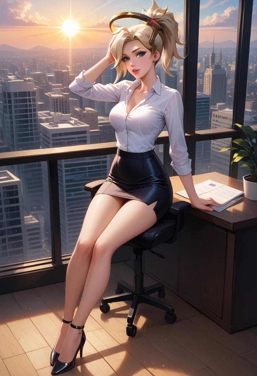 score_9, score_8_up, score_7_up, score_6_up, cinematic film still, solo, 1girl, BREAK mrcy, short hair, high ponytail, halo, BREAK, sexy office attire, short skirt, tight blouse, high heels, BREAK high power corporate office, high floor, floor to ceiling glass windows, view of the city, BREAK sitting, looking at the view of the city, graceful, beautiful scene, sunset, BREAK highly detailed, detailed face, absurdres, 4k, masterpiece, best quality.