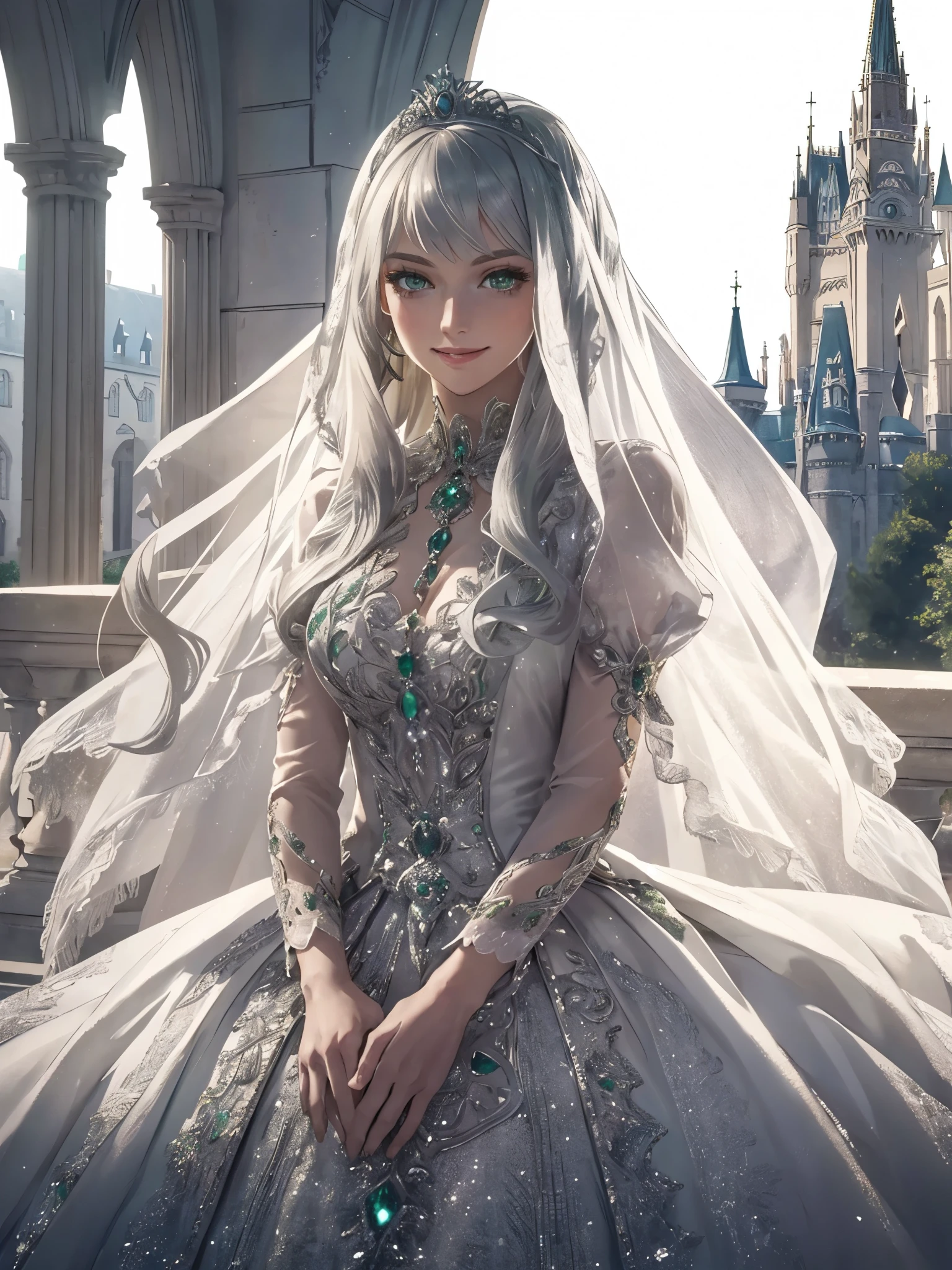 ((Highest quality)), ((masterpiece)), (detailed), Perfect Face, girl, A kind smile, Silver Hair, Very long hair, Green Eyes, Data dress, A castle in the background, Princess