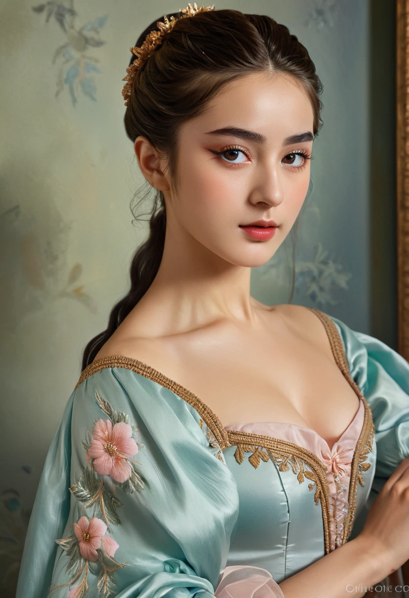 (high resolution,masterpiece:1.2),(Practical:1.37)"(best quality, high resolution, Extremely detailed, Practical),Beautiful portrait of a 19th century French ballerina, (She is of French and Japanese descent., She is a beautiful woman，With deep blue eyes and a high nose:1.1), Exquisite ballet costumes, Detailed facial features, Slender and graceful neck, Flowing long hair, Elegant Posture, Soft and delicate lighting, Oil painting medium, Vibrant colors, Subtle background with floral pattern"