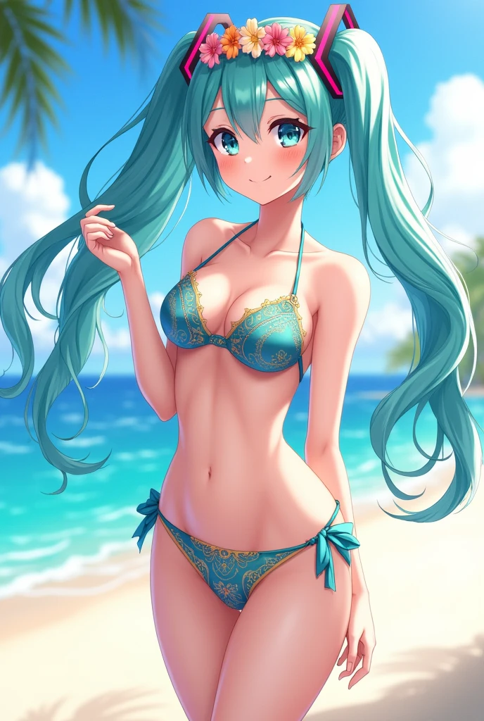 Ram-chan,invader,Very small micro underwear,Face forward and spread your legs wide., Big Ass,Resort Beach, Palm tree,sun, Highest quality, High definition, Orange eyes, Beautiful Eyes, beautiful girl, Big Breasts, blush,(It has two small demon horns on its head.),Sunlight shining from the front,Big Breasts,Underwear is biting into,smile,Her hair is turquoise green.(,With its mouth open, sharp canines are visible.,)White lace bra and white lace panties,Your underwear is wet and transparent,Low-rise see-through panties,
