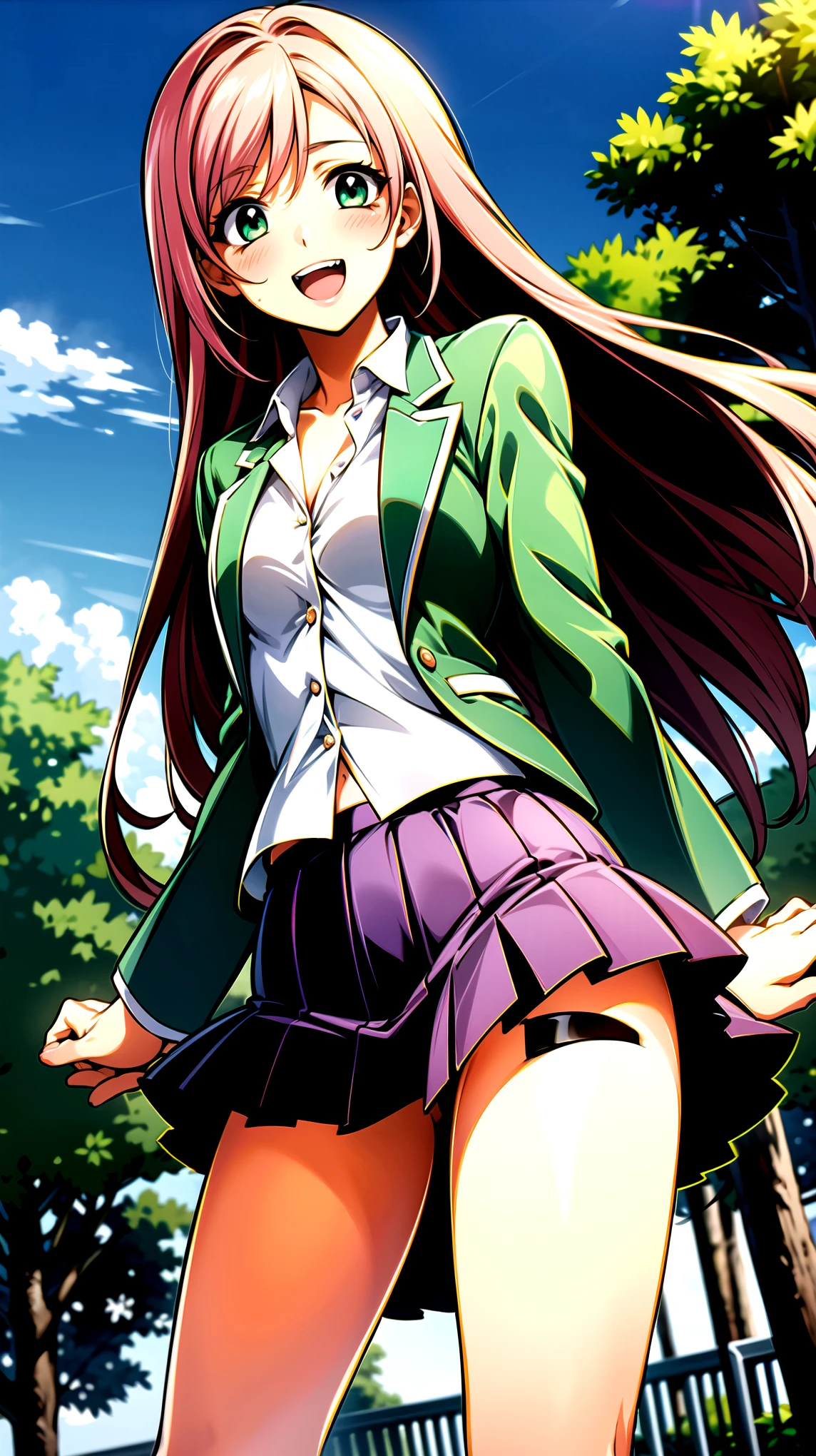 ((super high quality,))((Ultra-high resolution,))(16K,)(super masterpiece,)((Ultra HD ,))(Detailed shading,),One sexy schoolgirl,((Pink long hair,))One long stray hair from the top of the head,Green blazer,(popped Tight collar White shirts,)((She's unbuttoned down to the fourth button.,))mini skirt,The wind lifts her skirt and hair,happy,blush,Small double teeth,A park where you can see the morning sun and blue sky,Hold the skirt in front with your hands,Angle from below,Open your legs a little,