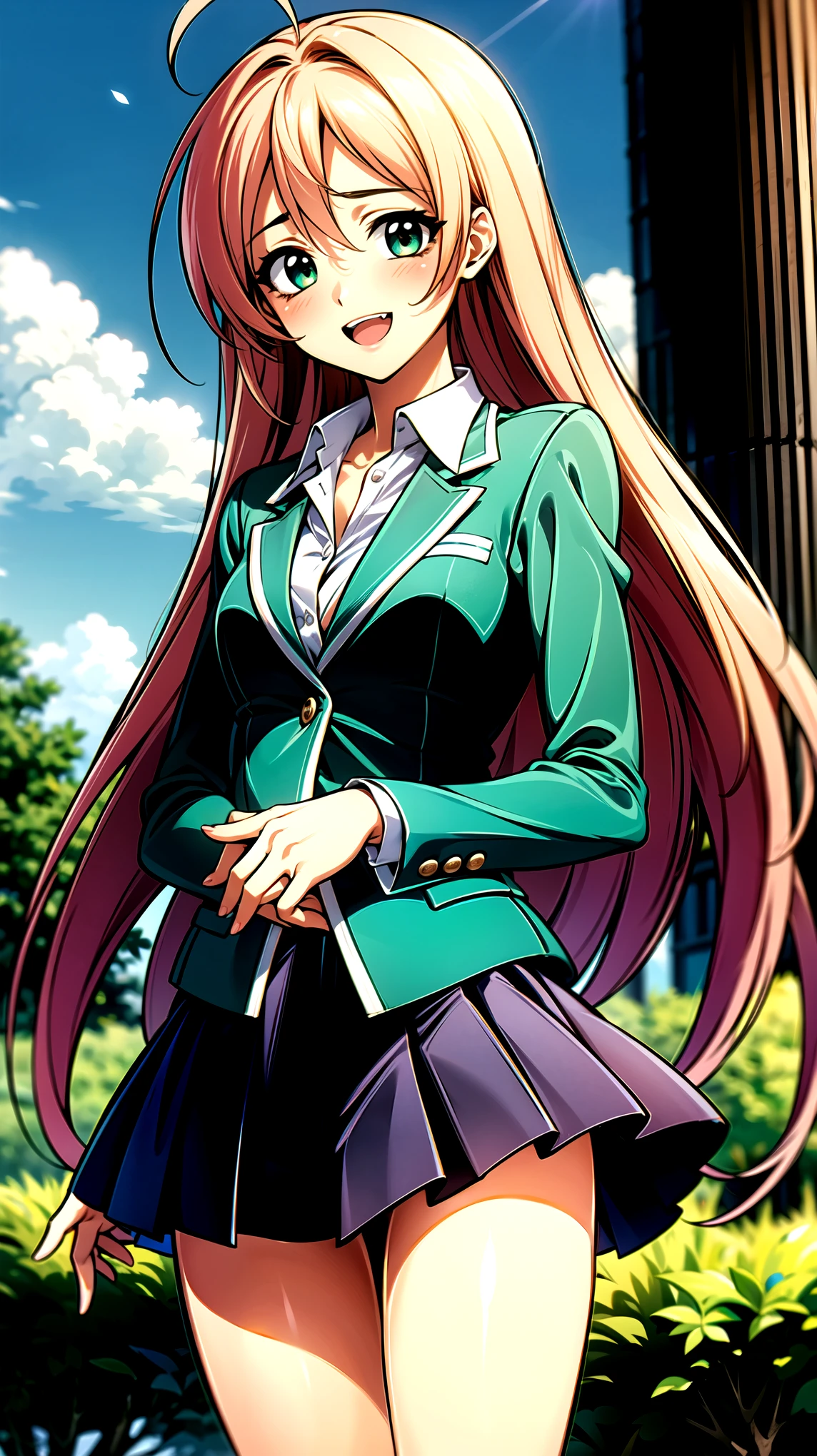 ((super high quality,))((Ultra-high resolution,))(16K,)(super masterpiece,)((Ultra HD ,))(Detailed shading,),One sexy girl,((Pink long hair,))One long stray hair from the top of the head,Green blazer,(popped Tight collar White shirts,)((She's unbuttoned down to the fourth button.,))mini skirt,The wind lifts her skirt and hair,happy,blush,Small double teeth,A park where you can see the morning sun and blue sky,Hold the skirt in front with your hands,Angle from below,Open your legs a little,