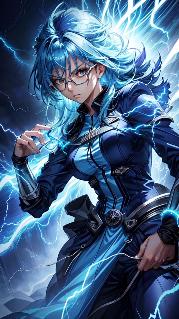 Close shot, a beautiful woman with blue hair, glasses, a serious face, with electric powers, in an incredible dynamic pose, thunder aura, cinematic lighting, god rays, anime style, UHD, masterpiece, accurate, high quality, highres