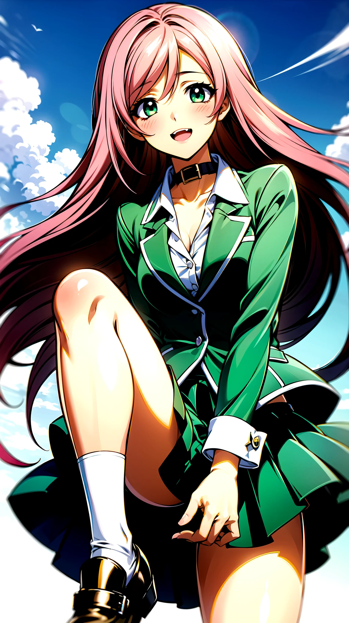 ((super high quality,))((Ultra-high resolution,))(16K,)(super masterpiece,)((Ultra HD ,))(Detailed shading,)Angle from below,One sexy schoolgirl,((Pink long hair,))One long stray hair from the top of the head,Green blazer,(popped Tight collar White shirts,)((She's unbuttoned down to the fourth button.,))mini skirt,The wind lifts her skirt and hair,happy,blush,Small double teeth,A park where you can see the morning sun and blue sky,Hold the skirt in front with your hands,Open your legs a little,