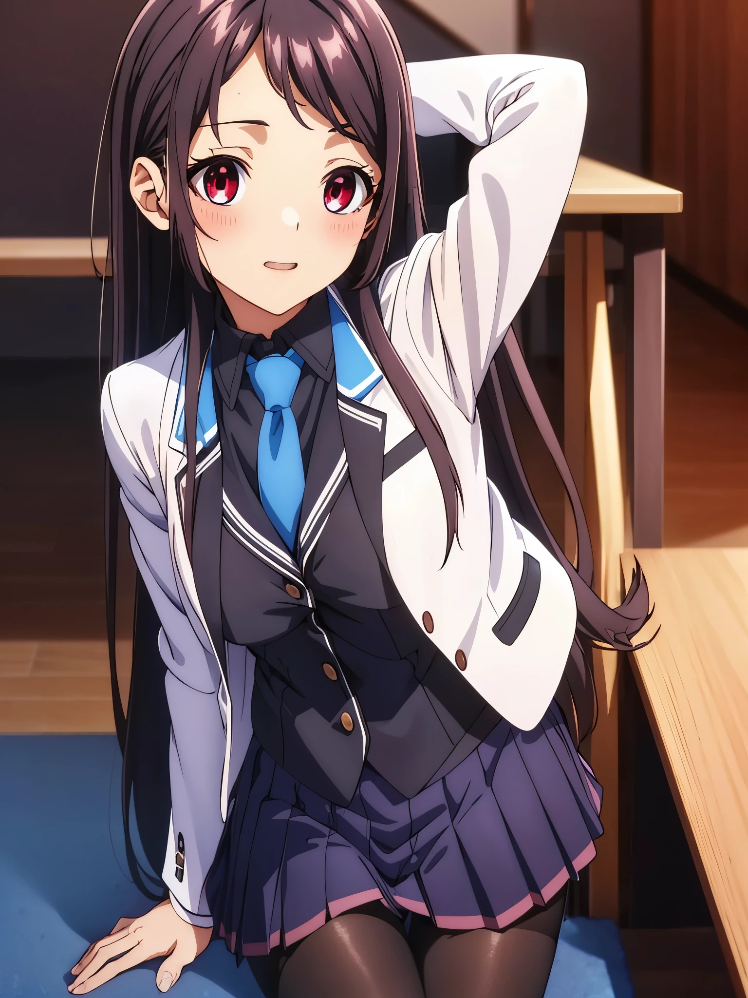 Show your armpits,Kaori Hojo, girl, (masterpiece: 1.1), (highest quality: 1.1), red eyes, long hair, (school uniform, jacket, sleeve, tie, skirt), pantyhose, loafers, school room, (cinematic angle),