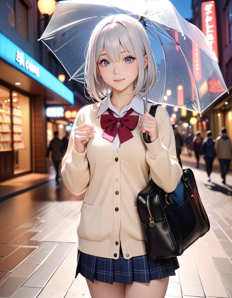 masterpiece, glowing particles, ambient lights, cute, 8K, hdr, high details, perfect lighting, perfect anatomy, BREAK (shiny silver hair:1.2), (bob cut, bang between eyes, beautiful hair), (glossy silver eyes:1.5), (beautiful eyes, twinkle eyes, large eyes), (athlete body, large breasts), cute face, beautiful face, pretty face, beautiful, best quality, good anatomy, long eyelashes, expressive eyes, Perfect Hands, perfecteyes, BREAK morning, raining, high school uniform, beige cardigan, city walk, holding school bag, girl is holding Vinyl transparent umbrella, hand holding umbrella