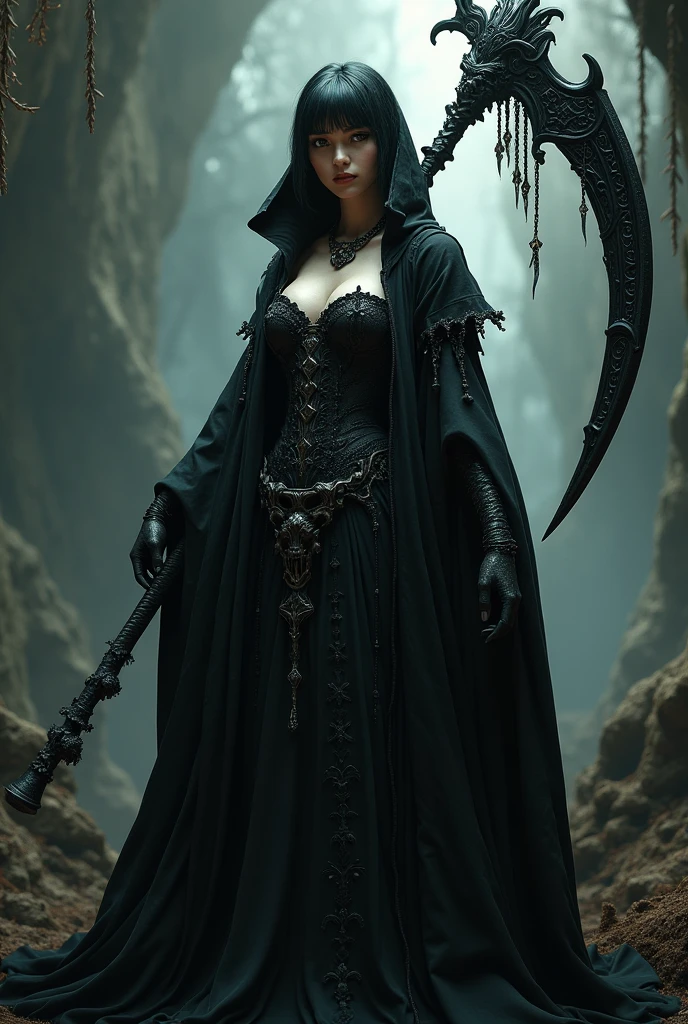 a female grimm reaper warrior, dark hooded robe, scythe weapon, gothic fantasy, intricate details, dark moody lighting, dramatic pose, intense glowing eyes, detailed facial features, long flowing hair, dark shadowy background, photorealistic, 8k, highly detailed, cinematic, dramatic lighting, dramatic atmosphere, striking pose