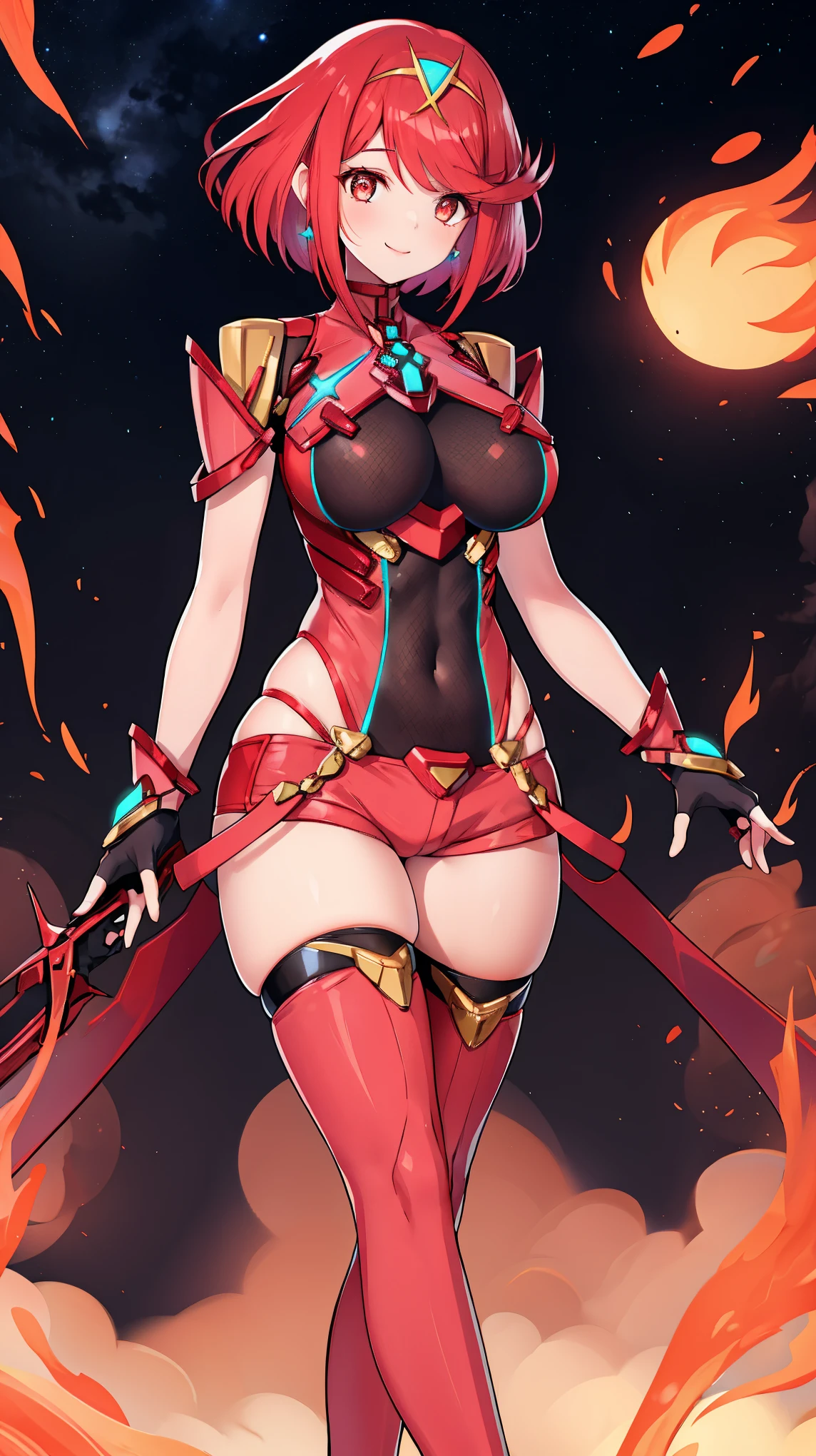 pyra \(xenoblade\), _teen_l, armor, bangs, black gloves, breasts, red eyes, closed mouth, earrings, eyelashes, fingerless gloves, floating hair, framed breasts, gem, gloves, hair ornament, headpiece, jewelry, big_breasts, leaning back, leotard, neon trim, official art, pose, red hair, red shorts, short hair, short shorts, short sleeves, shorts, sidelocks, skin tight, solo, standing, swept bangs, thighhighs, tiara, night_prairie_background, turtleneck, underbust, vambraces, xenoblade chronicles \(series\), (xenoblade chronicles 2), apart_legs, fire_effects,dynamic_pose,light_smile, (plump:1.1), large_thighs, solo, 