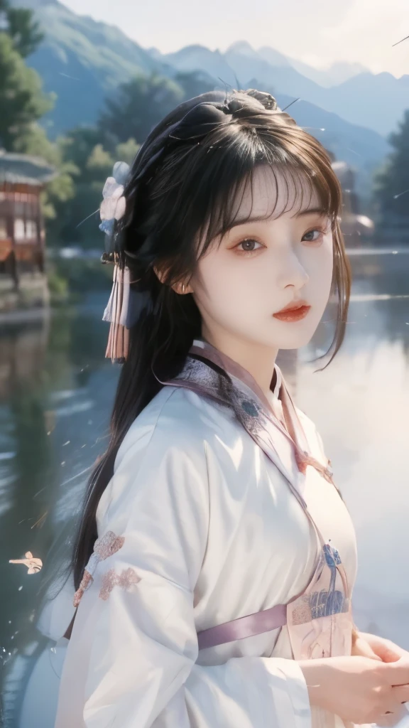 best quality, masterpiece, high resolution,1 girl,pretty,Chinese clothes, 1 [[[[Close-up cleavage]]]], [[[[breast]]]], [[[[Cole]]]], [[[[Shoulder]]]], Perfect eyes, Perfect Iris，Perfect lips，Perfect Teeth，Perfect skin，Fair skin，Soft headlight，HDR，Movie Girl，White Chinese clothing，Long sleeve，Round Face，Smile，The background is Mount Immortal，Mountains，Fall，flowing water，Small bridge，4K ultra HD, 超high resolution, (Reality: 1.4), best quality，masterpiece，Super dilution，（Pastel colors：1.2）