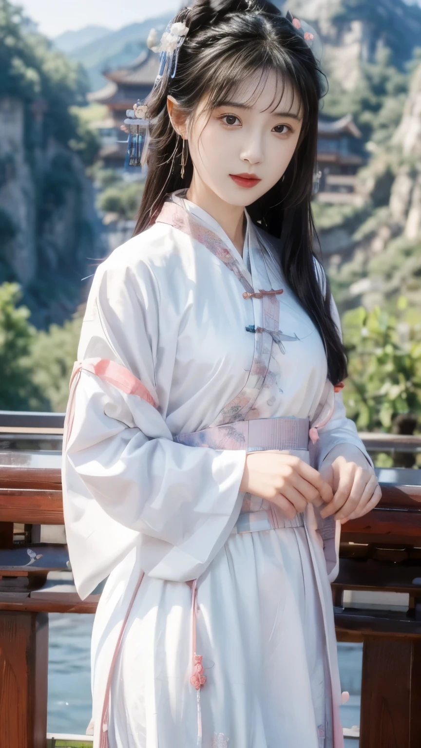 best quality, masterpiece, high resolution,1 girl,pretty,Chinese clothes, 1 [[[[Close-up cleavage]]]], [[[[breast]]]], [[[[Cole]]]], [[[[Shoulder]]]], Perfect eyes, Perfect Iris，Perfect lips，Perfect Teeth，Perfect skin，Fair skin，Soft headlight，HDR，Movie Girl，White Chinese clothing，Hanfu，Long sleeve，A long white skirt，Smile，The background is Mount Immortal，Mountains，Fall，flowing water，Small bridge，4K ultra HD, 超high resolution, (Reality: 1.4), best quality，masterpiece，Super dilution，（Pastel colors：1.2）
