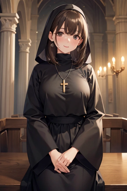 (best quality, masterpiece), highly detailed, <lora:add_detail:0.6>, necklace, large breasts, nun, blonde hair, hair between eyes, own hands together, sitting