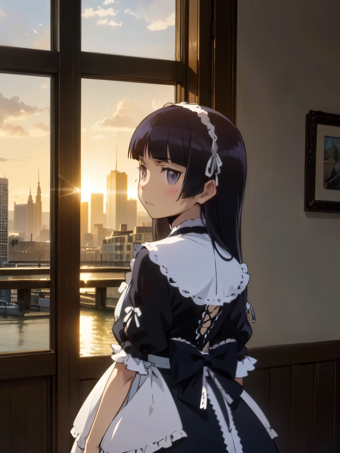 Backlight, Person silhouette, Sunset, dramatic, Light and shadow, Emphasized contours, (ruri gokou), woman, alone, Hime cut, woman, Long Hair, Gothic & ta Fashion, Loliashion,