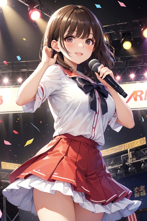 CG, Unity, 8K, wallpaper, Highest quality, masterpiece, cute girl is singing, Amami Haruka, (smile: 1.3), Please open your mouth wide, Small symmetrical ribbons on either side of the head, (Red Skirt: 1.3), (Skirt Lift:1.5),(Shaved:1.5) break, (White Stockings: 1.3), Sweaty, Best lighting, Complex pupil, Complex weaving, Detailed Background, on stage, Particles of light, Singing on stage as a top idol
