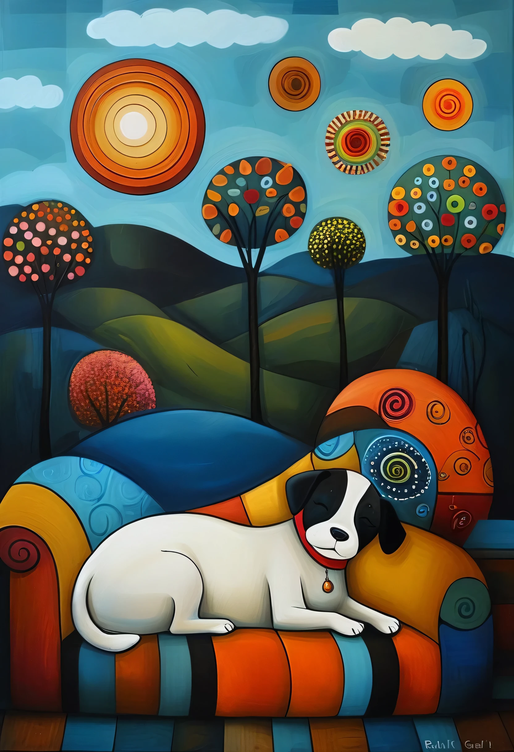 Masterpiece,Highest quality,Oil painting of a dog sleeping on its stomach、style of Karla Gerard