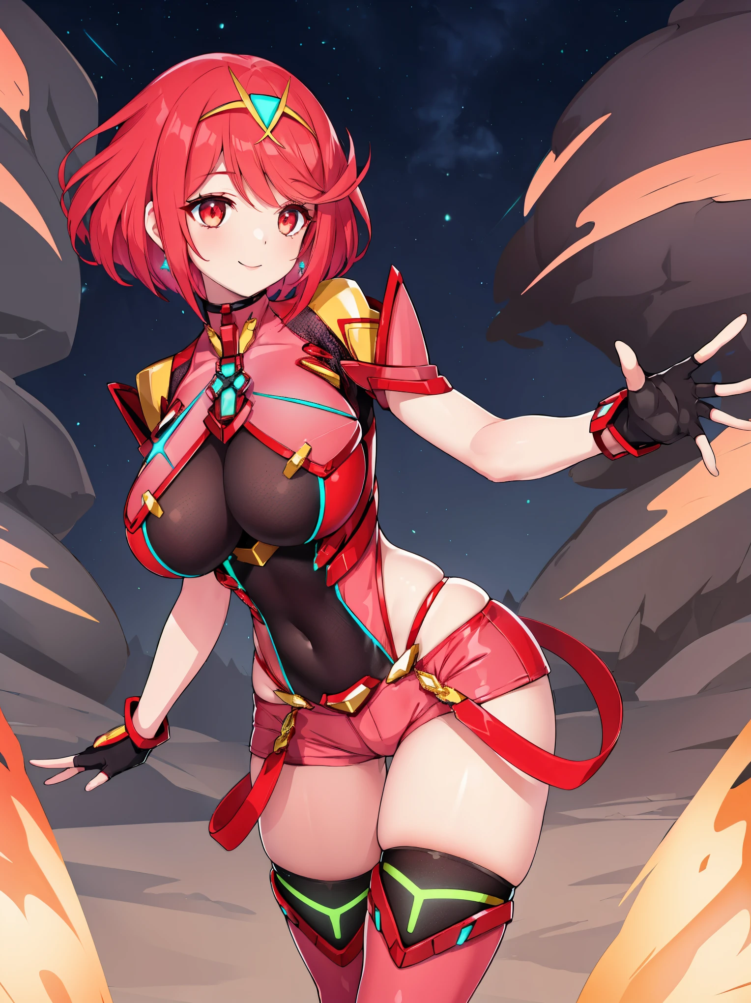 pyra \(xenoblade\), young_teen_1girl, armor, bangs, black gloves, breasts, red eyes, closed mouth, earrings, eyelashes, fingerless gloves, floating hair, framed breasts, gem, gloves, hair ornament, headpiece, jewelry, big_breasts, leaning back, leotard, neon trim, official art, pose, red hair, red shorts, short hair, short shorts, short sleeves, shorts, sidelocks, skin tight, solo, standing, swept bangs, thighhighs, tiara, night_prairie_background, turtleneck, underbust, vambraces, xenoblade chronicles \(series\), (xenoblade chronicles 2), apart_legs, fire_effects,dynamic_pose,light_smile, (plump:1.1), large_thighs, solo, open_mouth,open_hand,want_hug,.