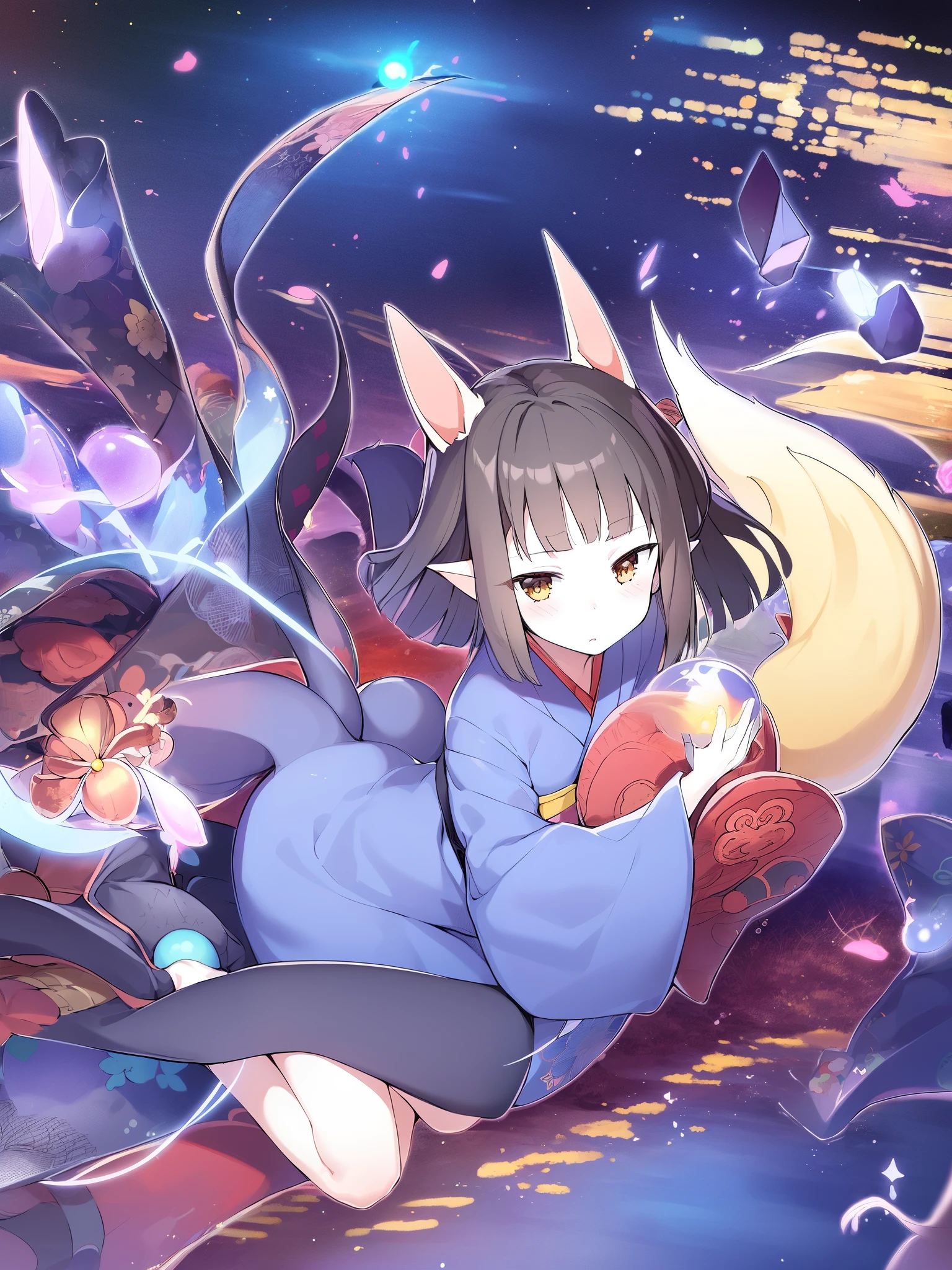 Hasaha, 1girl, young_teen, soro, brown eyes, animal ears, black hair, pointy ears, short_ hair, fox ears, bangs, blunt bangs, forest, sky, full body, 
 japanese clothes, kimono, tail,  blue kimono, fox tail, crystal ball,
 masterpiece, high quality, very_high_resolution, large_filesize, full color,night_town_landscape, cobblestone_road