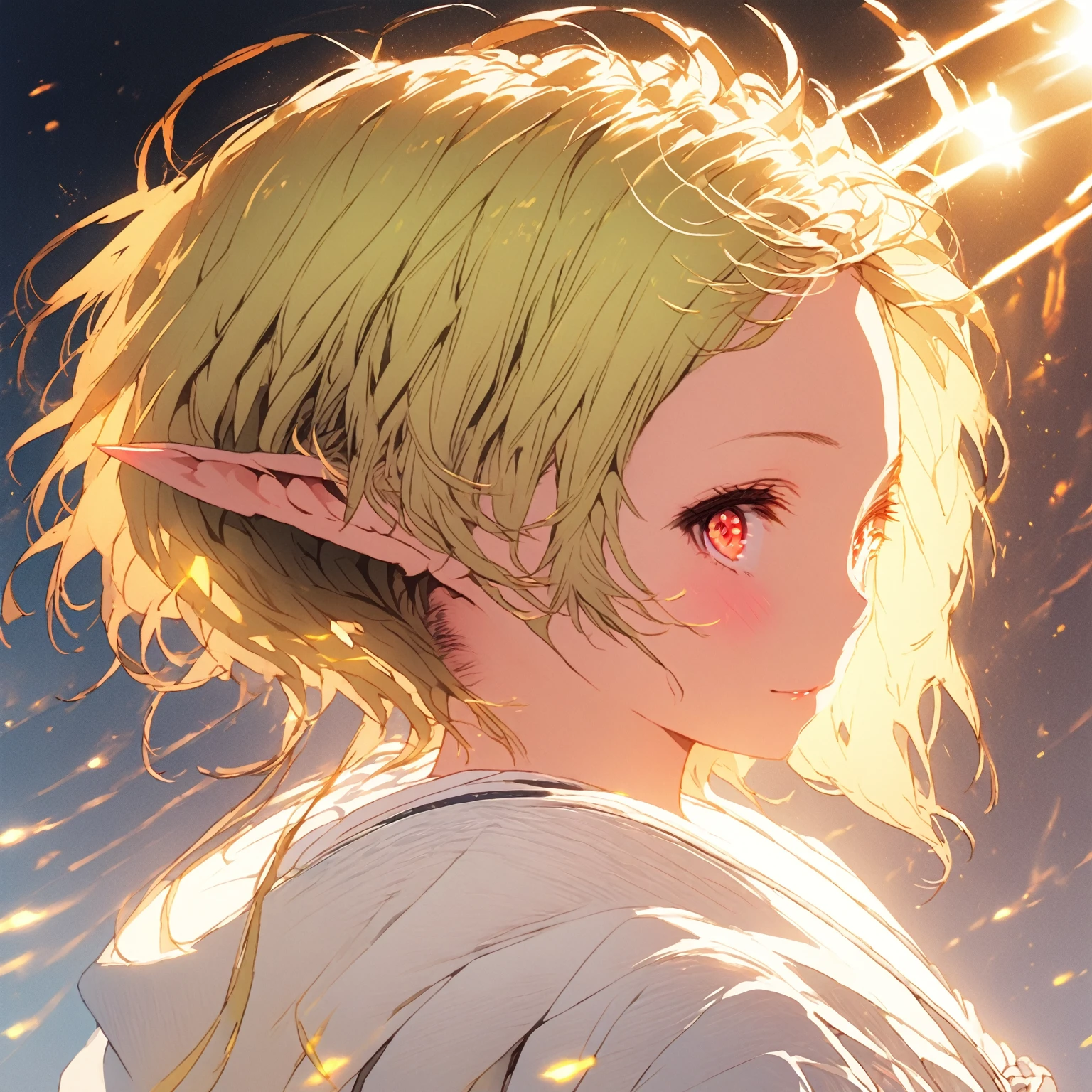 a girl.solo.an elf girl with off-white short hair ,with detailed hair strands ,and red mid wideeyes with yellow highlights ,and her back hair is very low saturated and soooo radiant and glow ,her eyes radiate with yellow glow ,and sun lighting blend mode, height quality ,and hight resolution ,full body portrait 