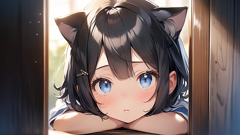 Highest quality、High resolution、Detailed Background、(Beautiful face in every detail:1.4)、Anatomically correct、(Detailed eyes:1.2)、(((One person))) girl、Highly detailed face 、(((Black short hair)))、A beautiful girl with short black hair and cat ears pulls her hat down low to hide her head and peeks out timidly through the door.