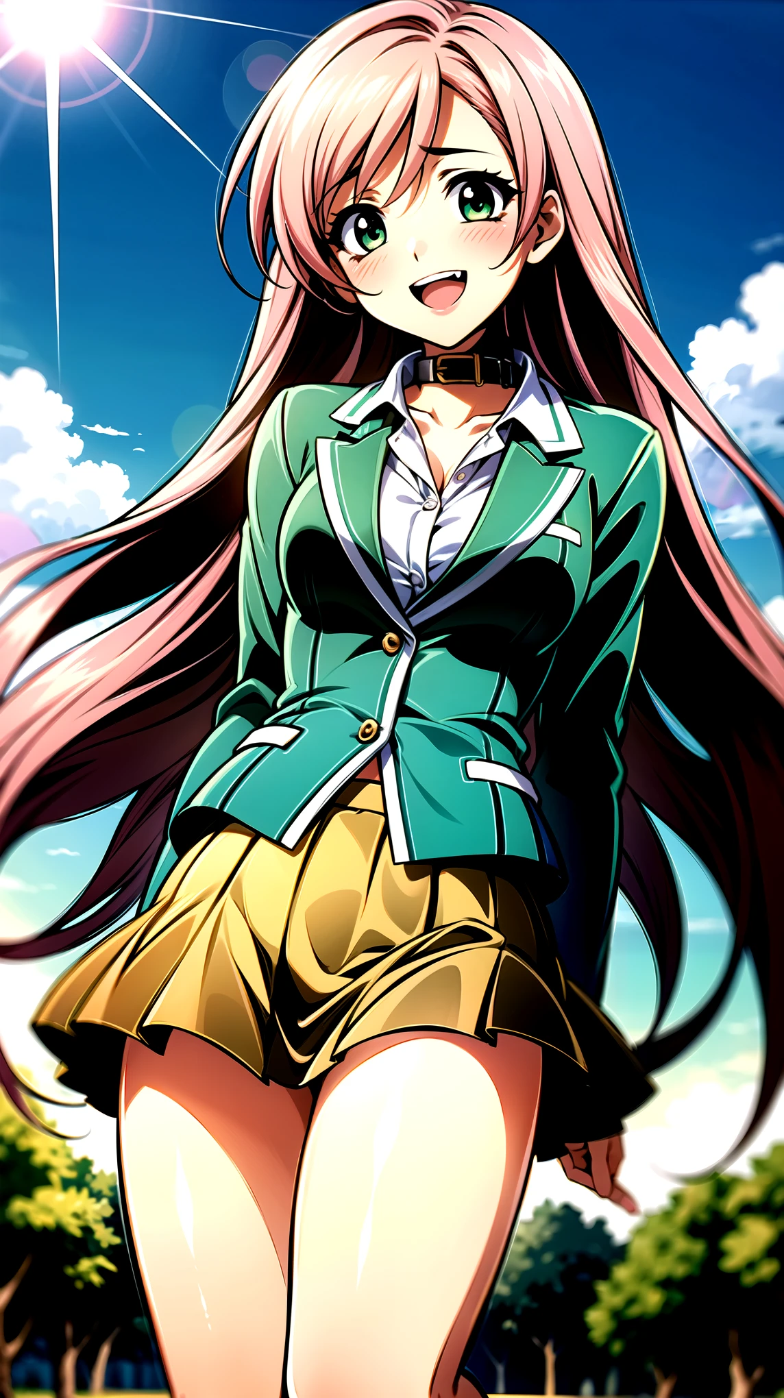 ((super high quality,))((Ultra-high resolution,))(16K,)(super masterpiece,)((Ultra HD ,))(Detailed shading,)Angle from below,One sexy girl,((Pink long hair,))One long stray hair from the top of the head,Green blazer,(popped Tight collar White shirts,)((Even the third button is undone.,))Brown mini skirt,The wind lifts her skirt and hair,Laughter,blush,Small double teeth,A park where you can see the morning sun and blue sky,Open your legs a little,