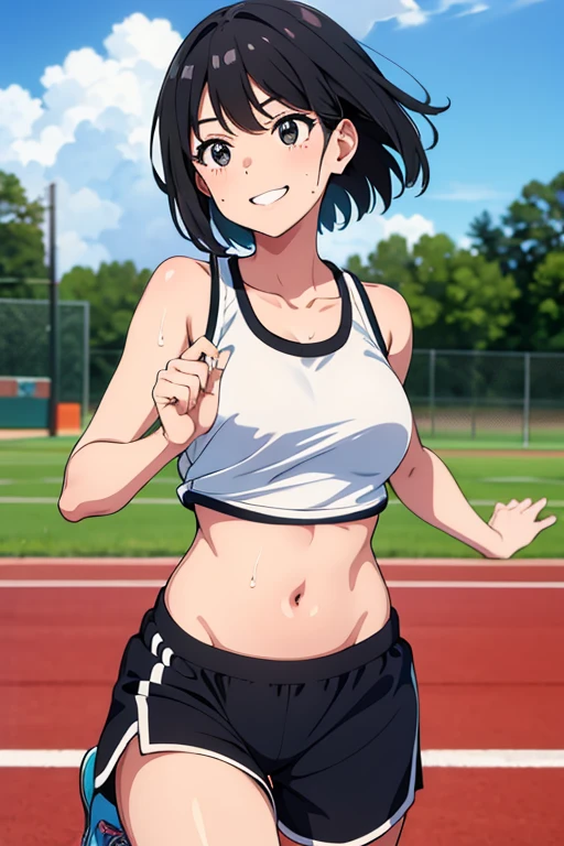 1womanl,Black hair,14 year old beautiful breasts,(((Sexy white and blue shiny gym clothes and short cheeks、Smile with open mouth)),(((Satin Narico))),((( portlate))),Crowds,Shiny white gym uniform and blue shorts,Wet with sweat,((athletic field)),see -through,outside of house、Look back and look back