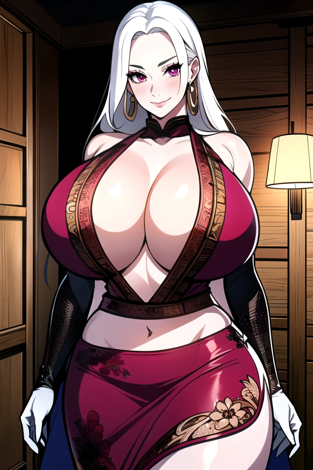 ultra realistic 8k cg, masterpiece, ((ultra detailed background,  intricate detail, highly detailed, fine details best quality, hyperdetailed face)), gigantic breasts ,beautiful lighting, absurdres, BoaHancockV2,  1girl, solo, (white hair: 1.4), long hair, jewelry, closed mouth, ), cleavage, (chinese dress : 1.1), (underboob : 1.4), elbow gloves, thigh boots, miniskirt, bare shoulders,, bare shoulders, curvy, midriff, curvy, thighs, shiny clothes), (magenta eyes: 1.1), complex detailed background, indoor, palace), ((cowboy shot)), curvy, (gigantic breasts: 1.1), seductive smile, cowboy shot, earrings, jewelry