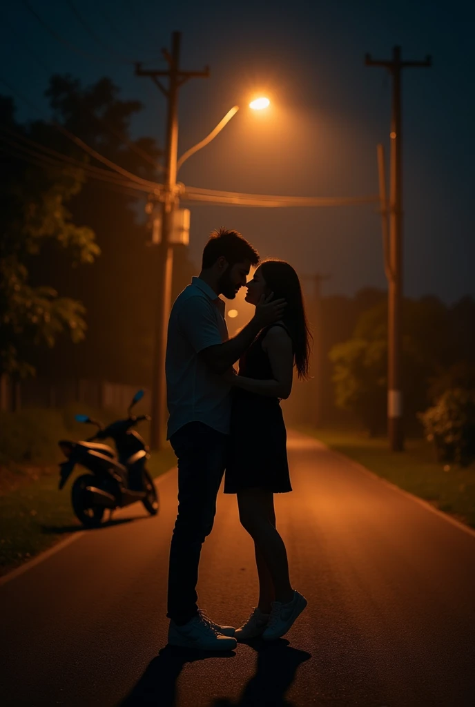cinematographic style, cinematography, Tyndall effect, A 16-year-old boy kisses a stick figure mural of a girl&#39;s shadow,Shadows on the wall,Silhouettes of vines and flowers,red sunset., film grain