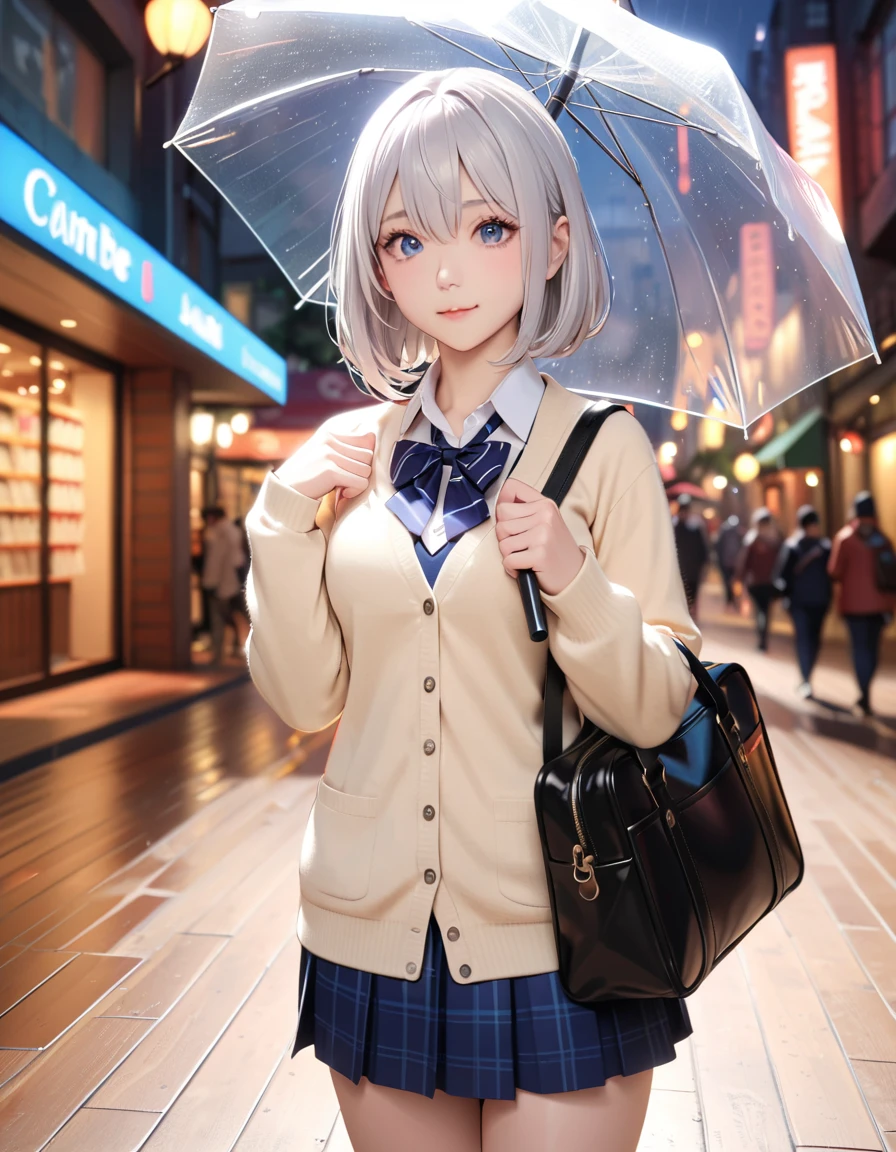 masterpiece, glowing particles, ambient lights, cute, 8K, hdr, high details, perfect lighting, perfect anatomy, BREAK (shiny silver hair:1.2), (bob cut, bang between eyes, beautiful hair), (glossy silver eyes:1.5), (beautiful eyes, twinkle eyes, large eyes), (athlete body, large breasts), cute face, beautiful face, pretty face, beautiful, best quality, good anatomy, long eyelashes, expressive eyes, Perfect Hands, perfecteyes, BREAK morning, raining, high school uniform, beige cardigan, city walk, holding school bag, She is holding a transparent plastic umbrella in her right hand and resting the handle of the umbrella on her shoulder, hand holding umbrella