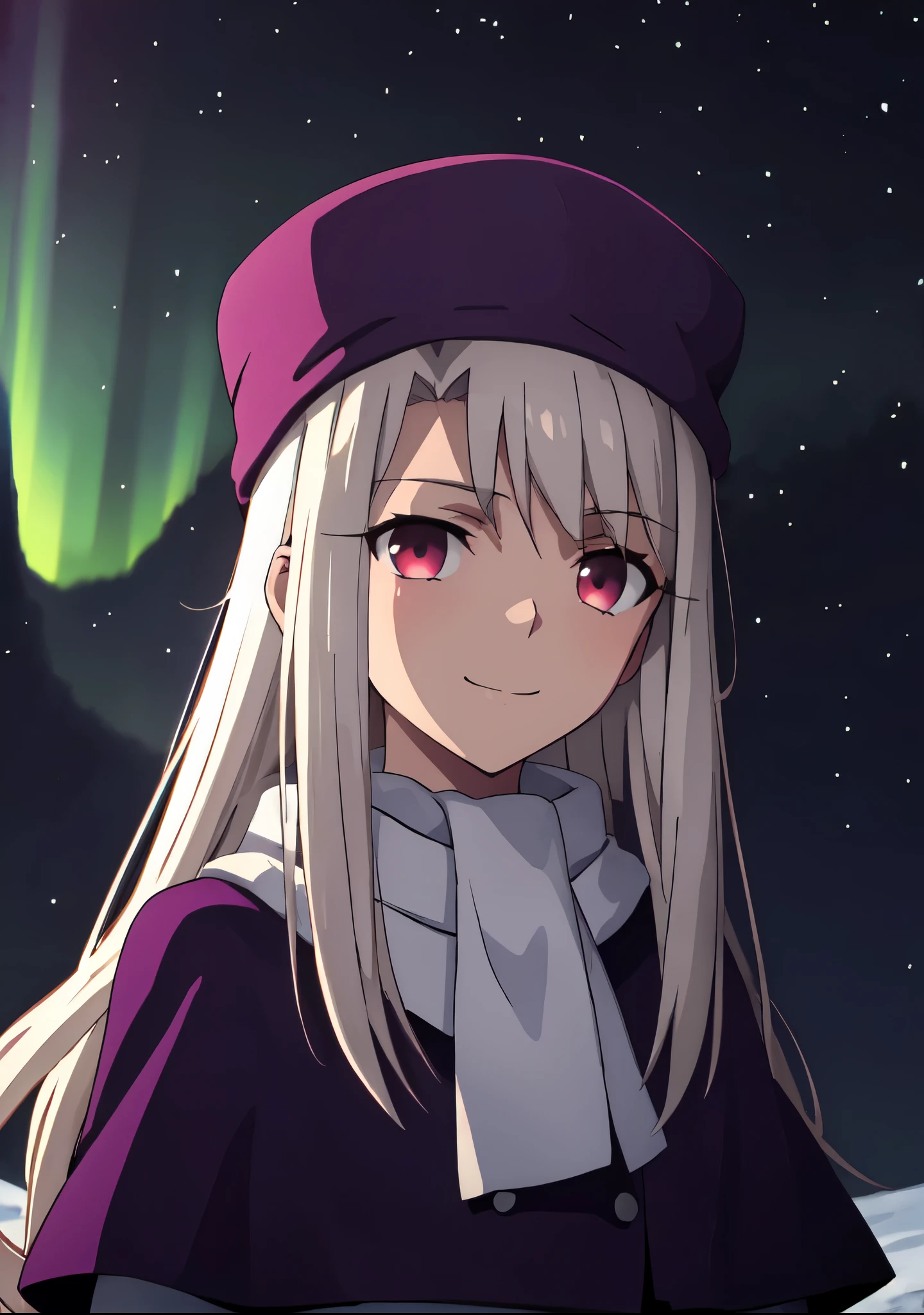 best quality, masterpiece, highres, solo, (illyasviel_von_einzbern_fatestaynightufotable:1.10), 1girl, papakha, night, dark sky, northern lights, aurora borealis, white scarf, purple headwear, purple coat, anime coloring, closed mouth, looking at viewer, smile, outdoors, upper body, anime_style, 3