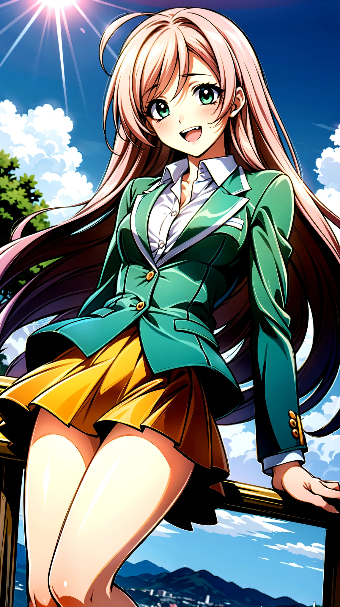 ((super high quality,))((Ultra-high resolution,))(16K,)(super masterpiece,)((Ultra HD ,))(Detailed shading,)Angle from below,One sexy schoolgirl,((Pink long hair,))One long stray hair from the top of the head,Green blazer,(popped Tight collar White shirts,)((The fourth button is undone,))Brown mini skirt,The wind lifts her skirt and hair,Laughter,blush,Small double teeth,A park where you can see the morning sun and blue sky,Open your legs a little,