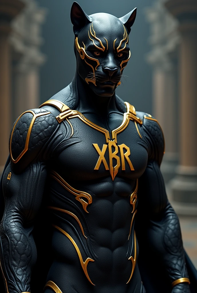 Make a classic strong man black power ranger with the acronym XBR on the chest and gold details