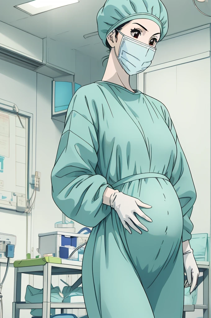 Score_9, Score_8_up, Score_7_up, source_anime, pale skin, surgical mask, surgical cap, long sleeve surgical gown, 
1 girl, pregnant, solo, rubber gloves, looking down, operating bed, in the operating room, standing,