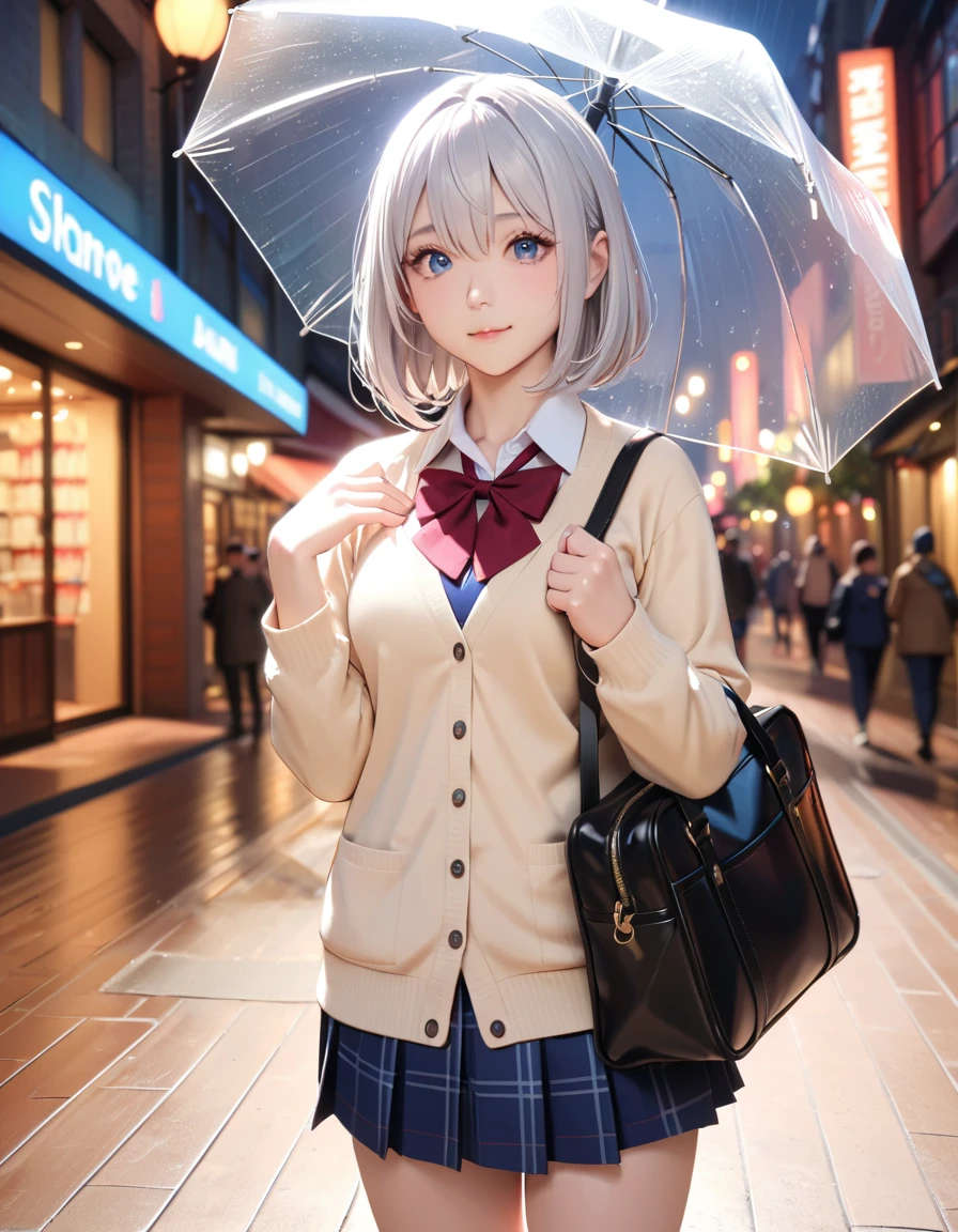 masterpiece, glowing particles, ambient lights, cute, 8K, hdr, high details, perfect lighting, perfect anatomy, BREAK (shiny silver hair:1.2), (bob cut, bang between eyes, beautiful hair), (glossy silver eyes:1.5), (beautiful eyes, twinkle eyes, large eyes), (athlete body, large breasts), cute face, beautiful face, pretty face, beautiful, best quality, good anatomy, long eyelashes, expressive eyes, Perfect Hands, perfecteyes, BREAK morning, raining, high school uniform, beige cardigan, city walk, holding school bag, She is holding a transparent plastic umbrella in her right hand and resting the shaft of the umbrella on her shoulder, hand holding umbrella