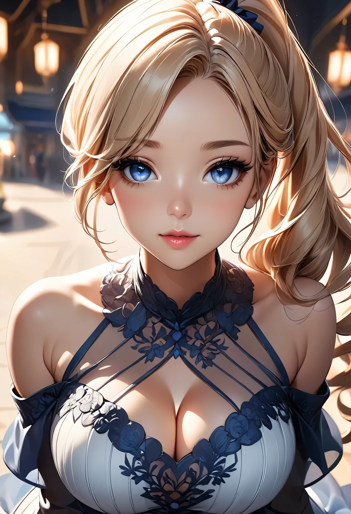 (Highest quality:1.4, Very detailed, Delicate and beautiful CG art, Detailed illustrations, Attention to detail, masterpiece:1.2, Highest quality, Best aesthetics), (((1 girl))), Beautiful face in every detail, Detailed clothing, Attractive European Woman, Off-the-shoulder dress, Sheer dress, So cute, Soft skin texture, Perfect Face, Perfect Eyes, High long ponytail, Flaxen Hair, (Huge cleavage), Wide-angle lens, Background blur, Shallow depth of field.