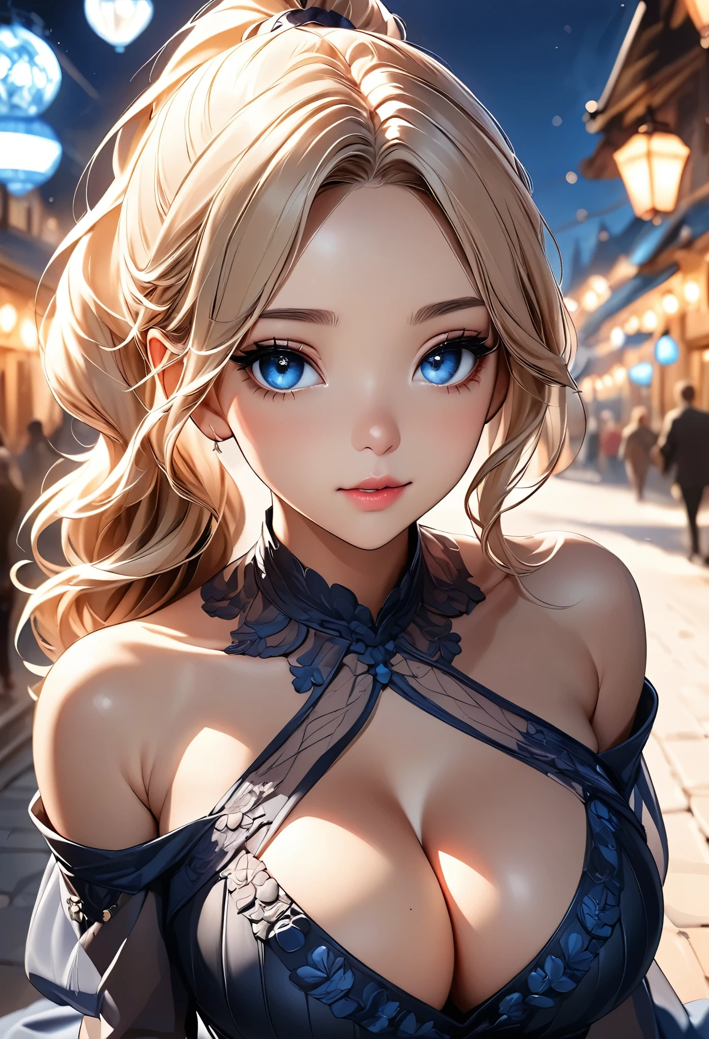 (Highest quality:1.4, Very detailed, Delicate and beautiful CG art, Detailed illustrations, Attention to detail, masterpiece:1.2, Highest quality, Best aesthetics), (((1 girl))), Beautiful face in every detail, Detailed clothing, Attractive European Woman, Off-the-shoulder dress, Sheer dress, So cute, Soft skin texture, Perfect Face, Perfect Eyes, High long ponytail, Flaxen Hair, (Huge cleavage), Wide-angle lens, Background blur, Shallow depth of field.