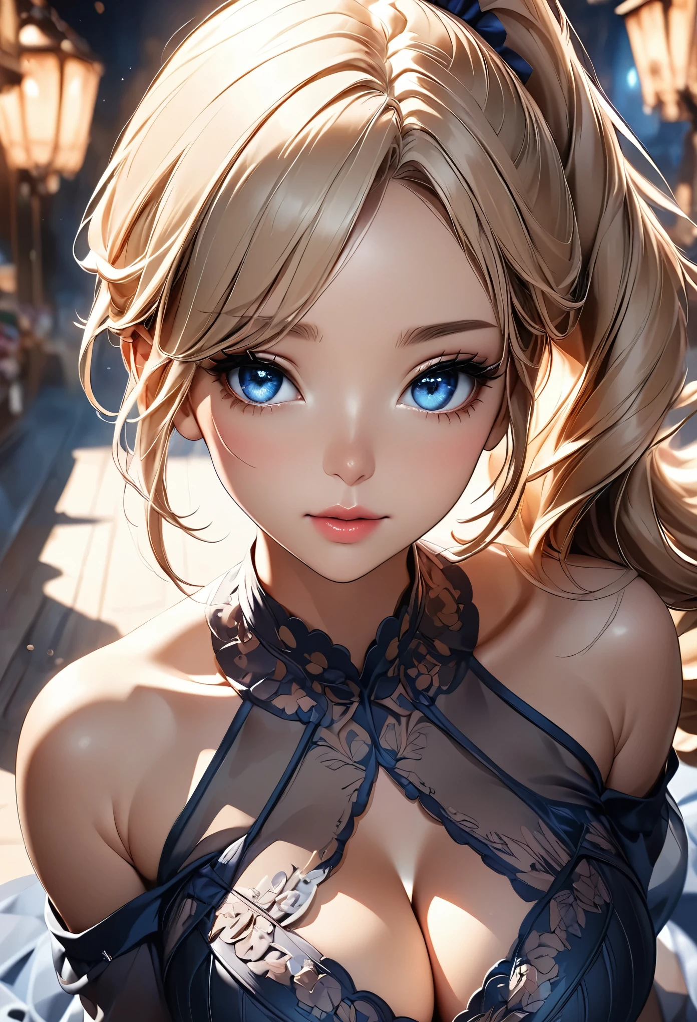 (Highest quality:1.4, Very detailed, Delicate and beautiful CG art, Detailed illustrations, Attention to detail, masterpiece:1.2, Highest quality, Best aesthetics), (((1 girl))), Beautiful face in every detail, Detailed clothing, Attractive European Woman, Off-the-shoulder dress, Sheer dress, So cute, Soft skin texture, Perfect Face, Perfect Eyes, High long ponytail, Flaxen Hair, (Huge cleavage), Wide-angle lens, Background blur, Shallow depth of field.