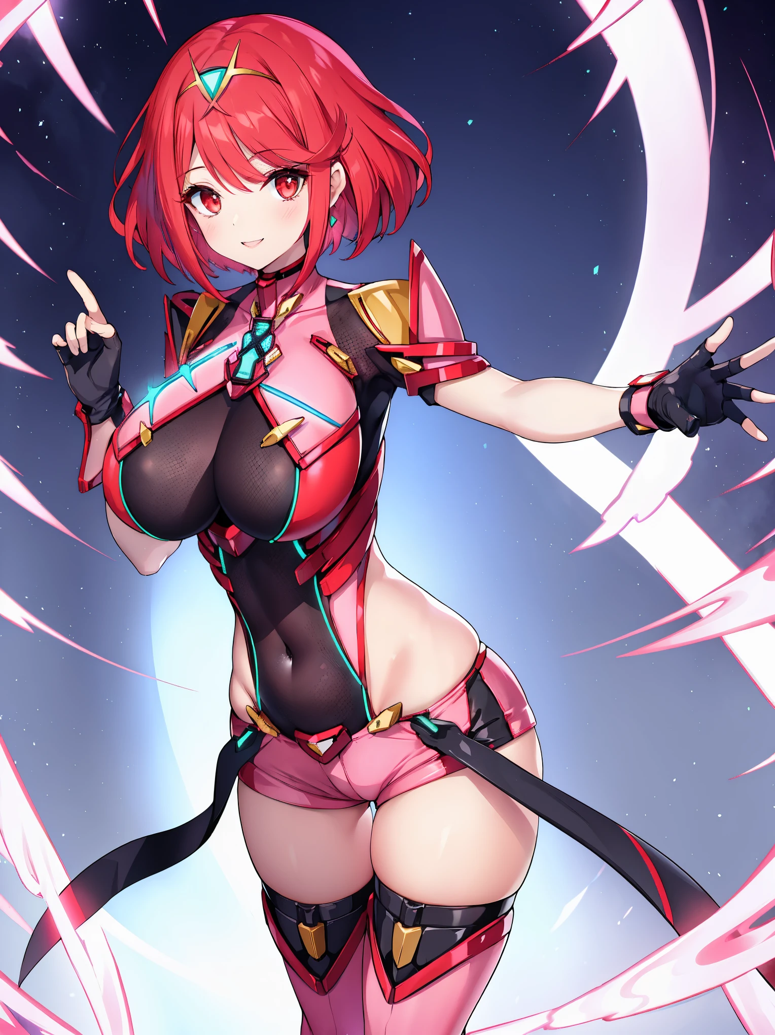 pyra \(xenoblade\), young_teen_1girl, armor, bangs, black gloves, breasts, red eyes, closed mouth, earrings, eyelashes, fingerless gloves, floating hair, framed breasts, gem, gloves, hair ornament, headpiece, jewelry, big_breasts, leaning back, leotard, neon trim, official art, pose, red hair, red shorts, short hair, short shorts, short sleeves, shorts, sidelocks, skin tight, solo, standing, swept bangs, thighhighs, tiara, night_prairie_background, turtleneck, underbust, vambraces, xenoblade chronicles \(series\), (xenoblade chronicles 2), apart_legs, fire_effects,dynamic_pose,light_smile, (plump:1.1), large_thighs, solo, open_mouth,open_arms,want_hug,.