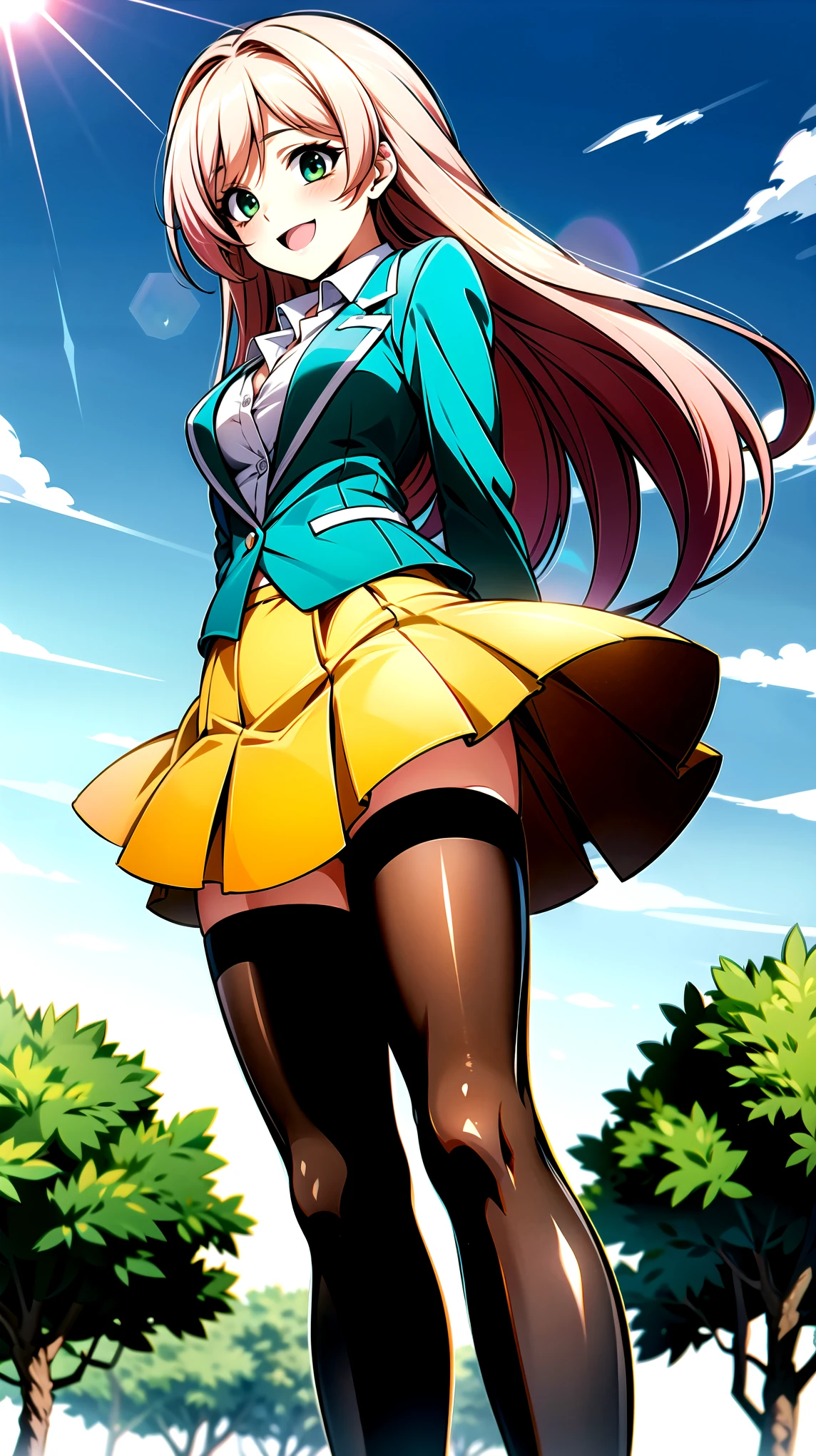 ((super high quality,))((Ultra-high resolution,))(16K,)(super masterpiece,)((Ultra HD ,))(Detailed shading,)Angle from below,One sexy schoolgirl,((Pink long hair,))One long stray hair from the top of the head,Green blazer,(popped Tight collar White shirts,)((The fourth button is undone,))Brown mini skirt,The wind lifts her skirt and hair,Ecstatic smile,blush,A park where you can see the morning sun and blue sky,Open your legs a little,