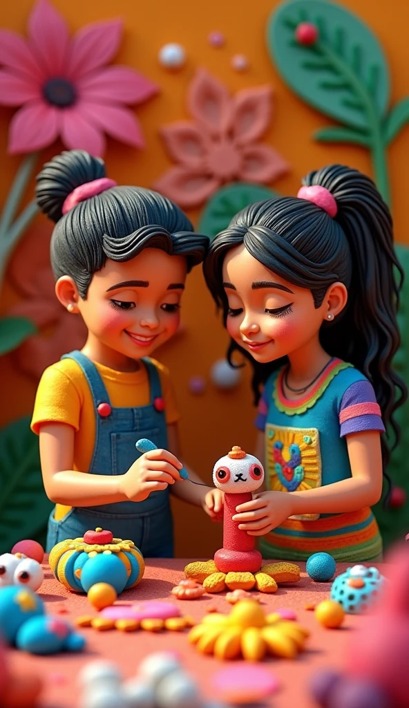a young woman with long dark hair, with short straight bangs, She has a nose ring and lots of tattoos. She is sitting on a chair wearing a multi-colored t-shirt and has a box of paints and brushes next to her.. Children, excited, They are in line waiting for their turn. The woman is painting a smiley face on the cheek of one of the children sitting in front of her., smiling with his gaze fixed on the brush and paint.